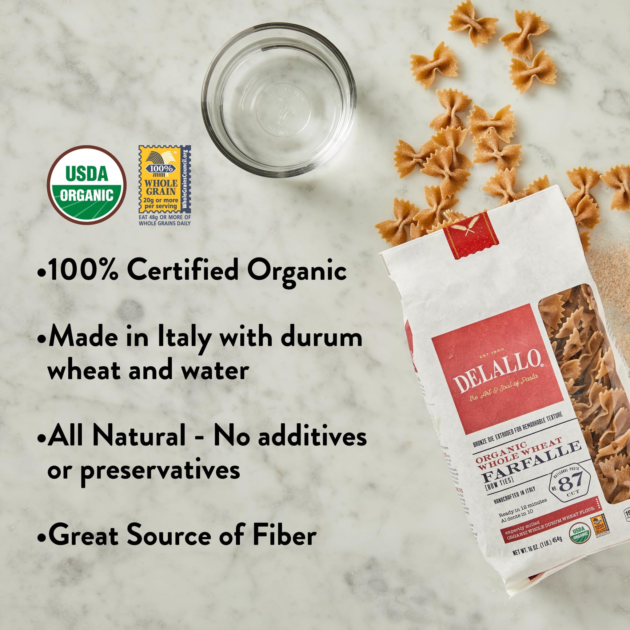 DeLallo Whole Wheat Farfalle Bowtie Pasta, 1 Pound Bag, 7 Pack, Butterfly Shape Noodles, 100% Organic, Imported from Italy, Made with Whole Durum