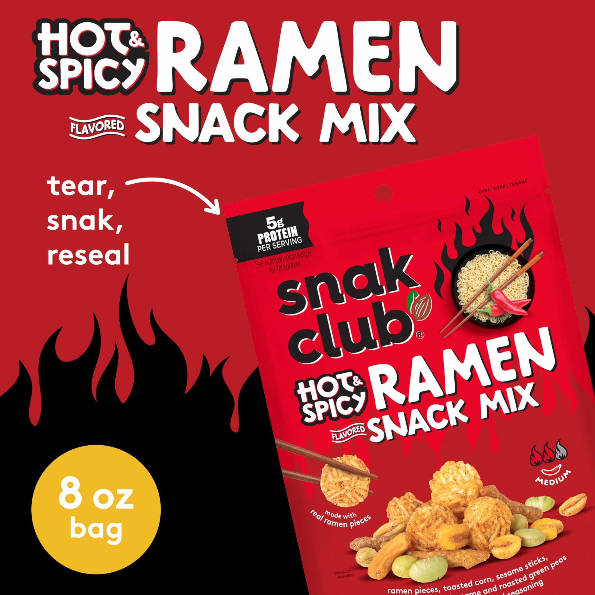 Snak Club Hot & Spicy Ramen Flavored Snack Mix with Peanuts & Cashews, 8 oz