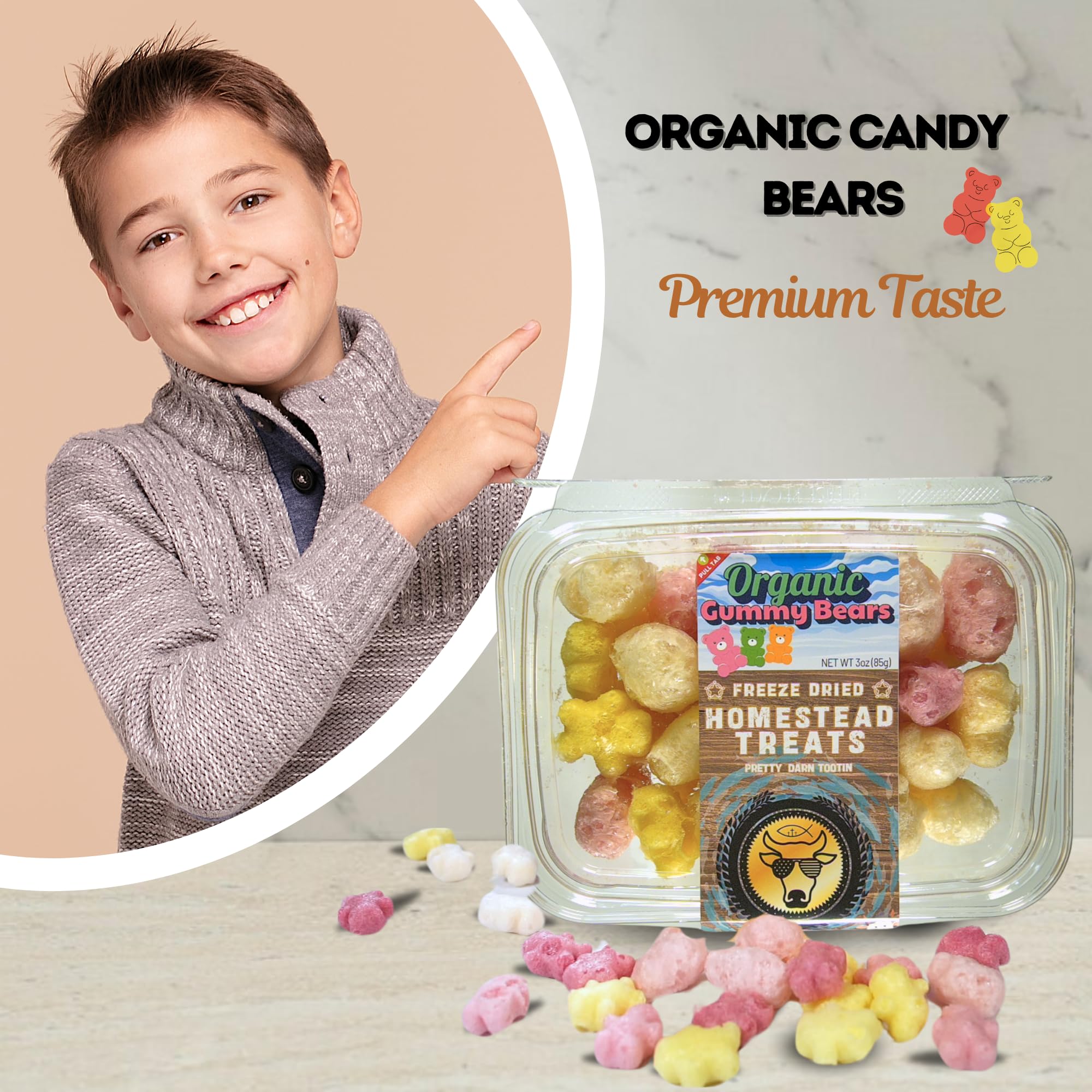 Homestead Treats Freeze-Dried Organic Candy Bears - Sweet, Light & Crispy Gummy Bears - Non-GMO, Gluten-Free, No Artificial Flavors - Perfect