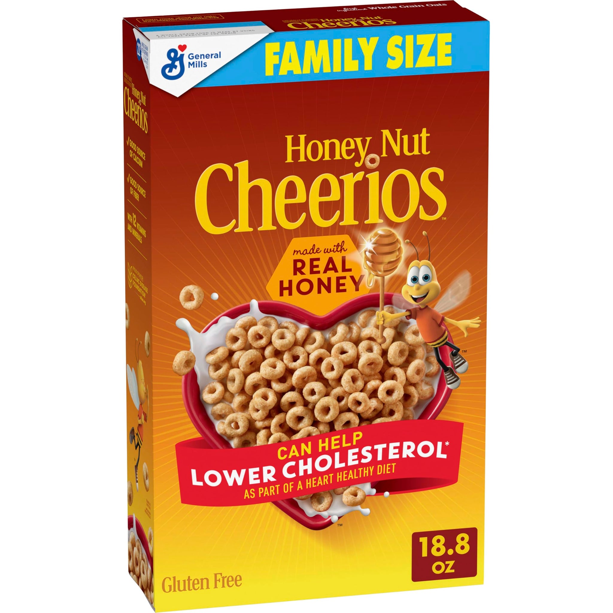 Honey Nut Cheerios, Heart Healthy Gluten Free Breakfast Cereal with Whole Grain Oats, Family Size, 18.8 oz