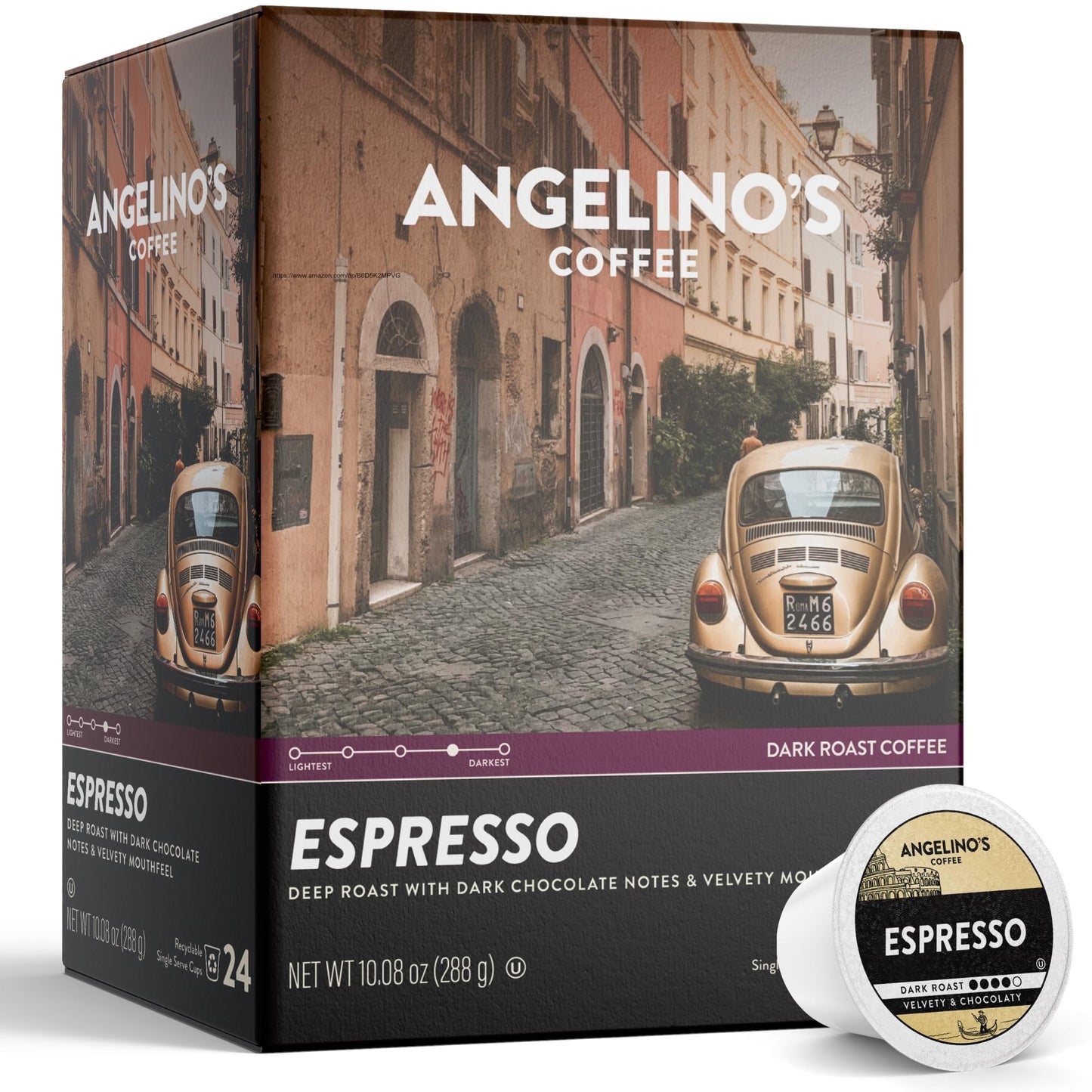 Angelino's Coffee Espresso Dark Roast Coffee Pods, 24 Count - Bold Italian Style Blend, K Cup Compatible for Keurig - Dark Chocolate & Caramel Notes