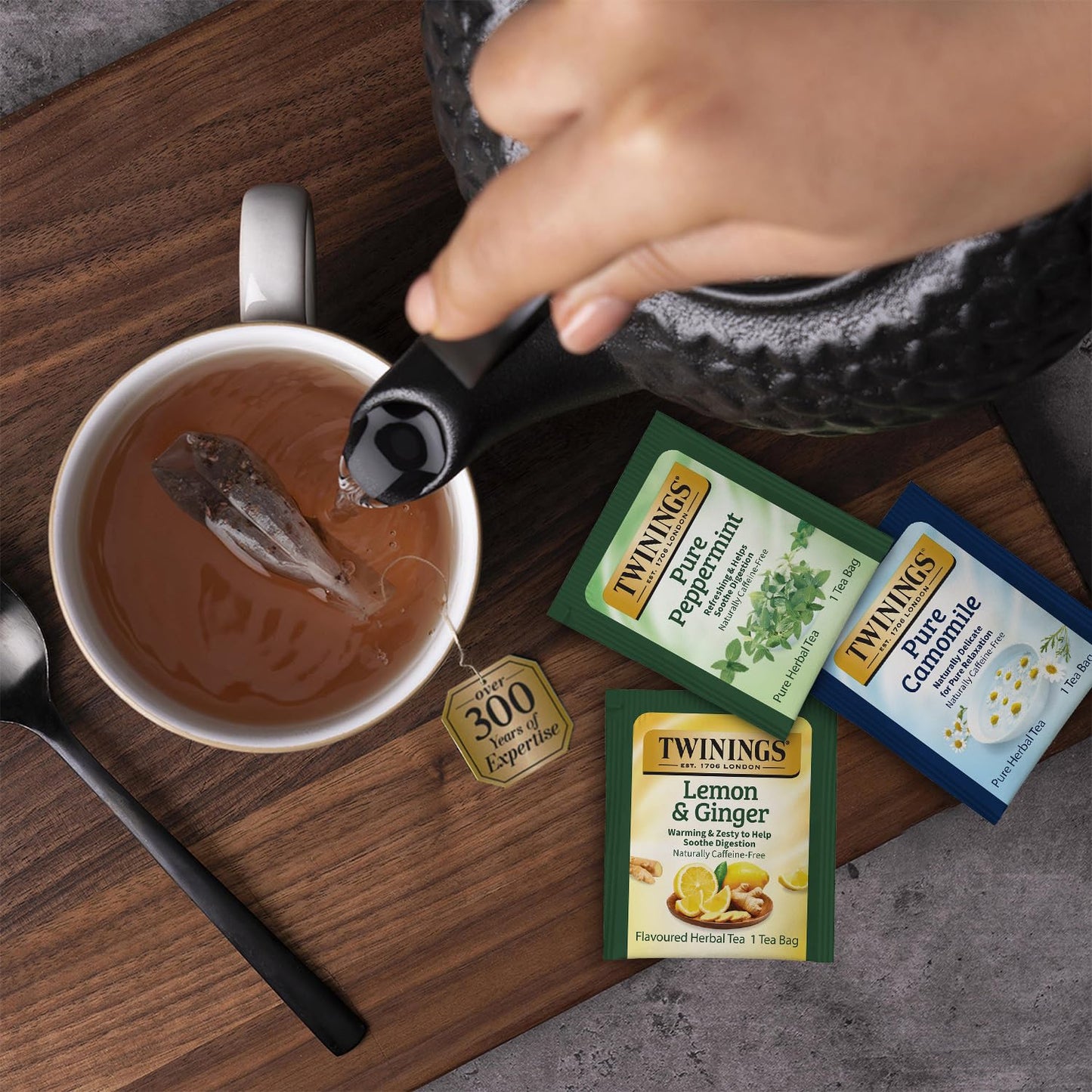 Twinings Herbal Tea Variety 3-Pack - Pure Peppermint, Pure Camomile + Lemon & Ginger Tea Bags, Naturally Caffeine-Free, 20 Count Each