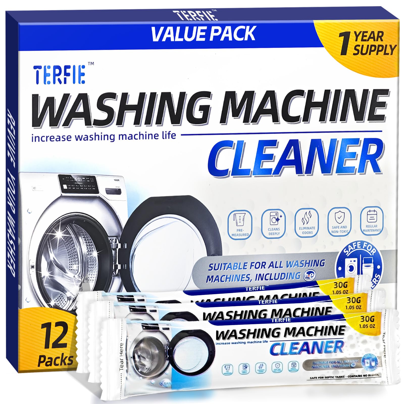 TERFIE Washing Machine Cleaner Pre-Portioned Powder Tablets for Top Load & Front Load Washers, Odor-Removing, Detergent-Buildup Dissolving