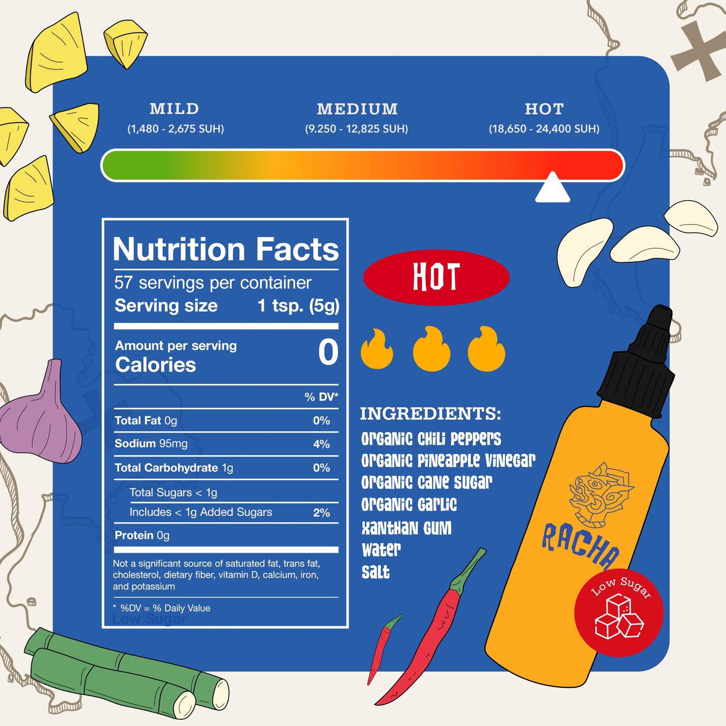 Racha Organics Sriracha Hot Sauce - USDA Organic Sriracha Sauce Made with Estate-Grown Thai Chili Peppers - Low-Sugar, Non-GMO, Gluten Free, Keto