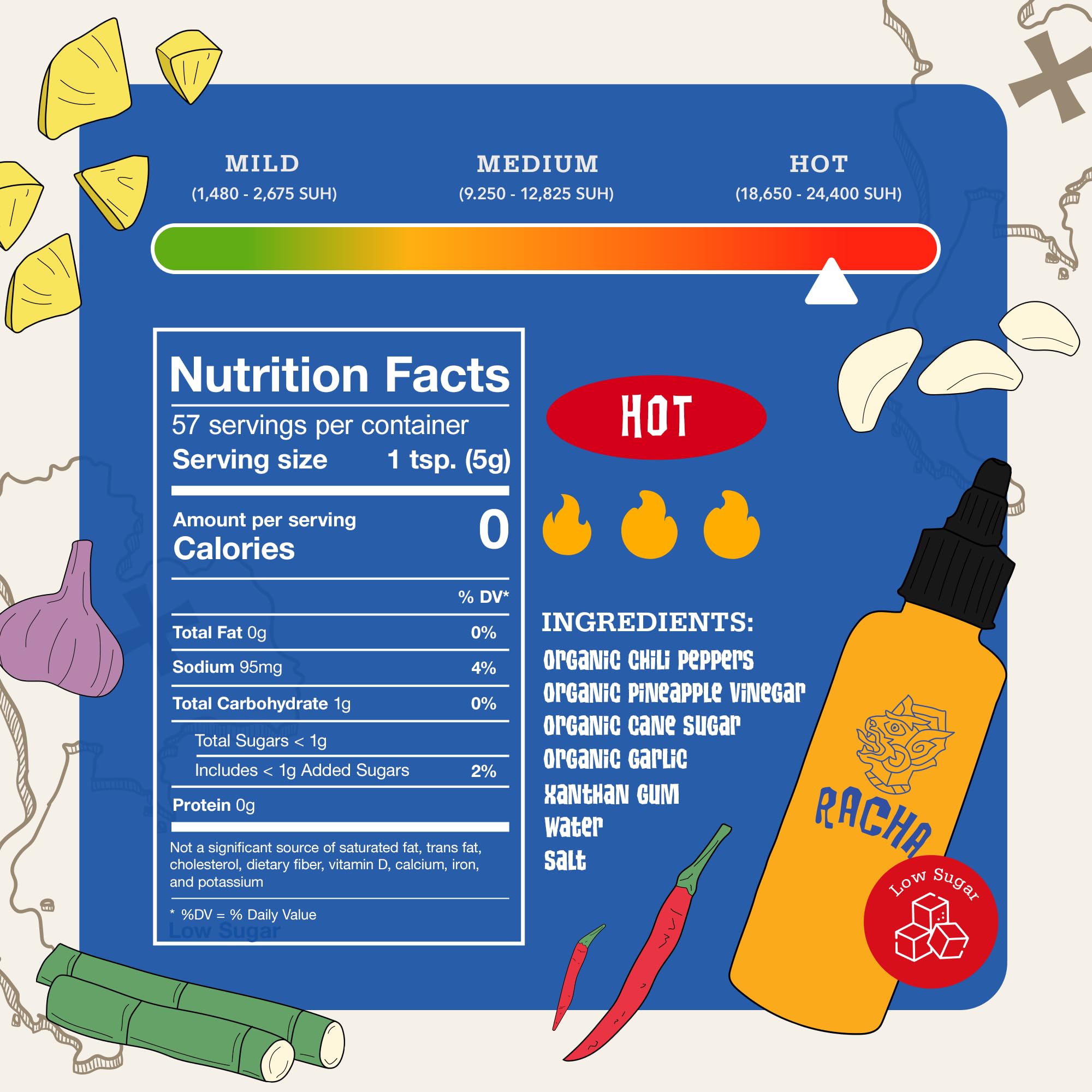 Racha Organics Sriracha Hot Sauce - USDA Organic Sriracha Sauce Made with Estate-Grown Thai Chili Peppers - Low-Sugar, Non-GMO, Gluten Free, Keto