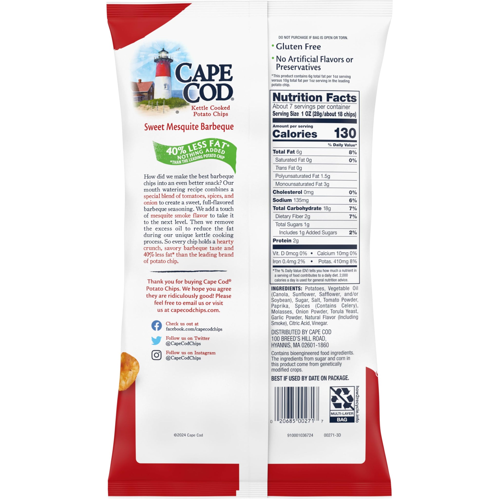 Cape Cod Less Fat Sweet Mesquite Barbeque Chips, 7.5 Oz Bag