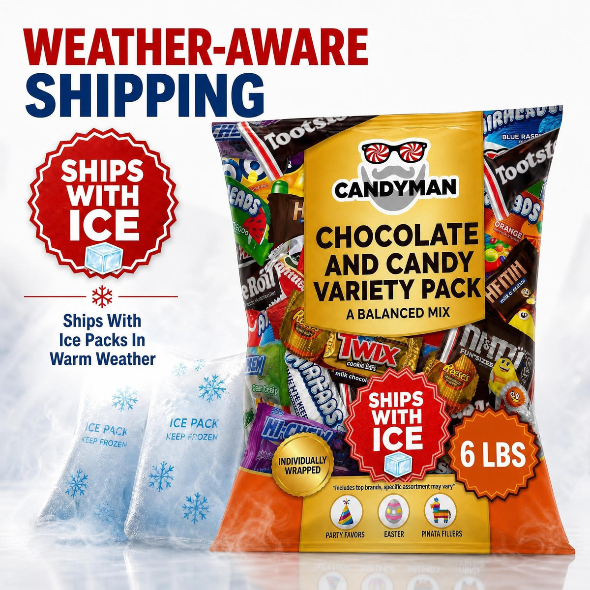 CANDYMAN (6 LB) Chocolate & Candy Bundle with Mixed Individually Wrapped Treats, Fun and Mini Sized Chocolate and Candy for Parties, Ship with Ice