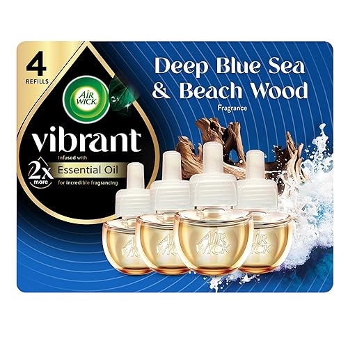 Air Wick Plug-In Scented Oil Refills, 4 Count, Deep Blue Se & Beach Wood, Air Freshener, Essential Oils