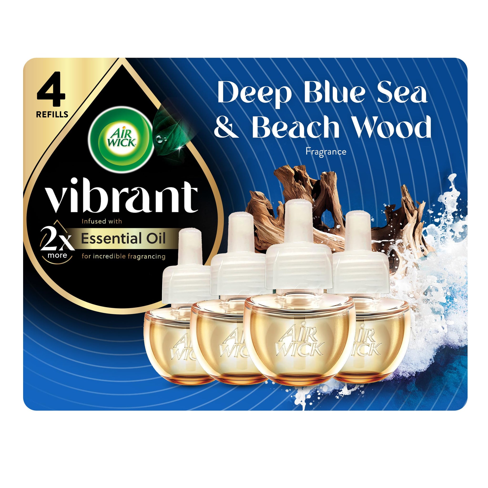 Air Wick Plug-In Scented Oil Refills, 4 Count, Deep Blue Se & Beach Wood, Air Freshener, Essential Oils