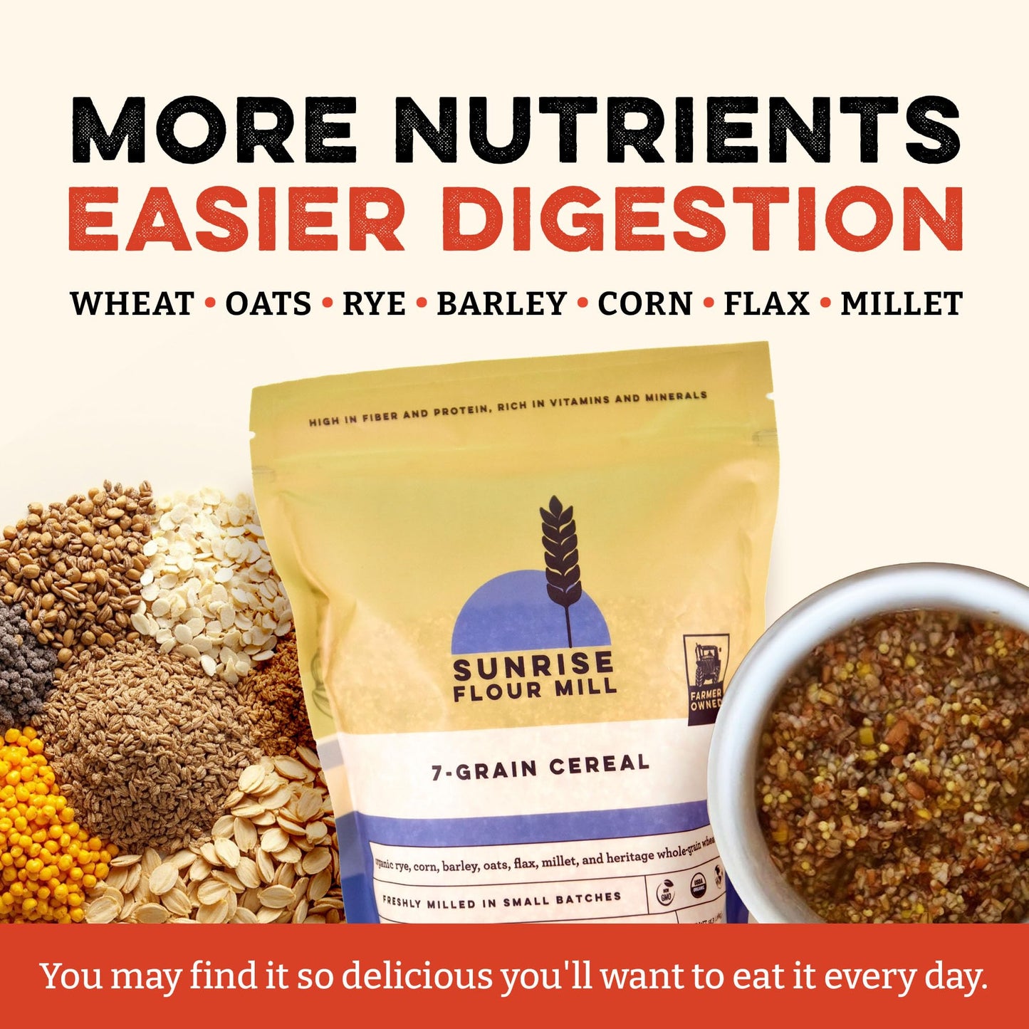 Sunrise Flour Mill USDA Organic Heritage 7-Grain Hot Cereal Mix - 32 oz | Great Source of Fiber and Nutrients | Sugar Free with No Additives | 5 Grams