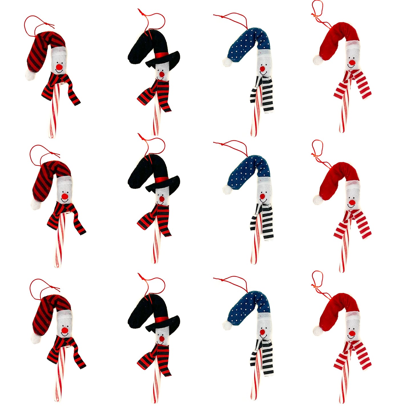 Podzly 12 Pack Snowman Candy Cane Cover Sleeves - Christmas Tree Ornament Toppers for Home, Classroom & Office - Ideal for Holiday Parties & Student
