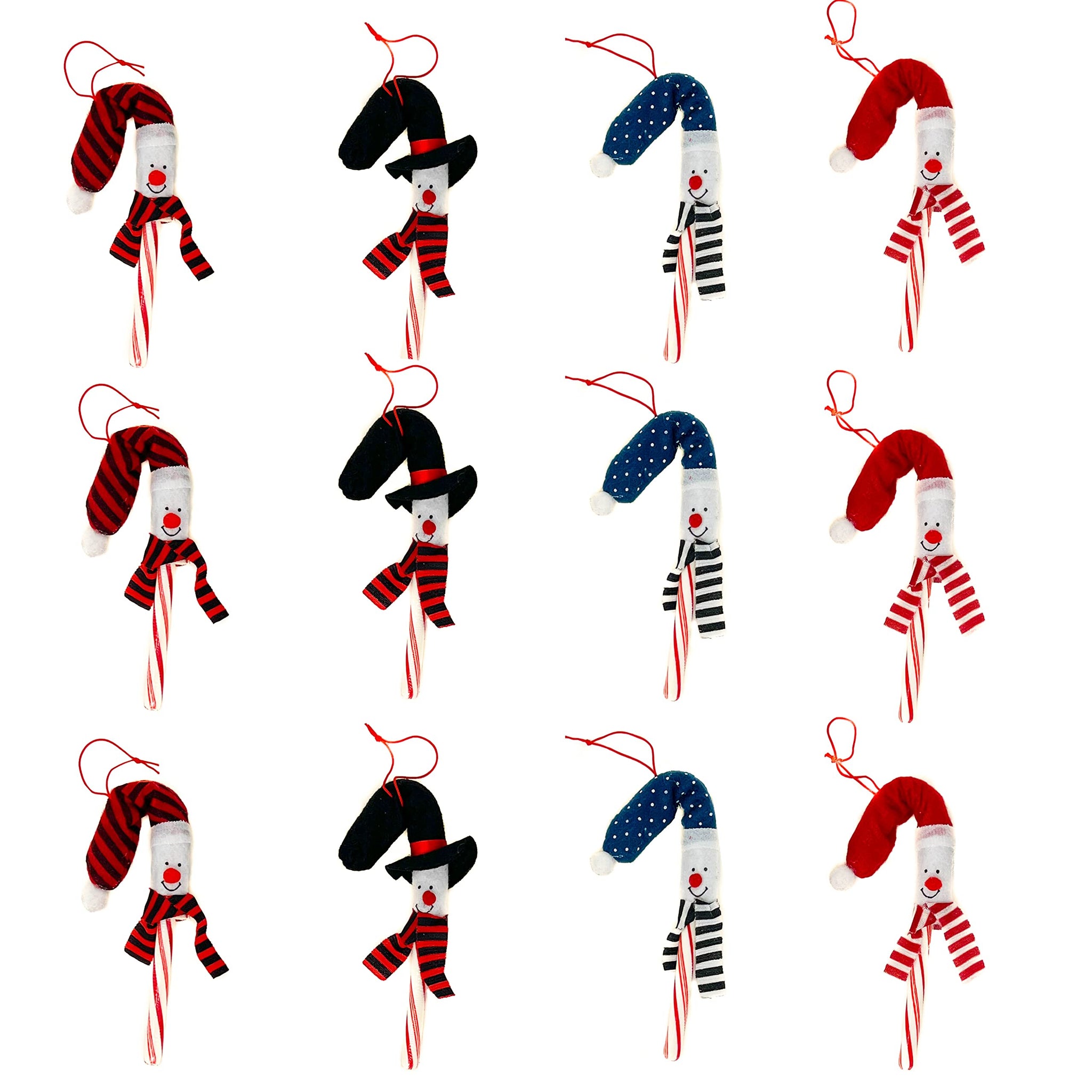 Podzly 12 Pack Snowman Candy Cane Cover Sleeves - Christmas Tree Ornament Toppers for Home, Classroom & Office - Ideal for Holiday Parties & Student