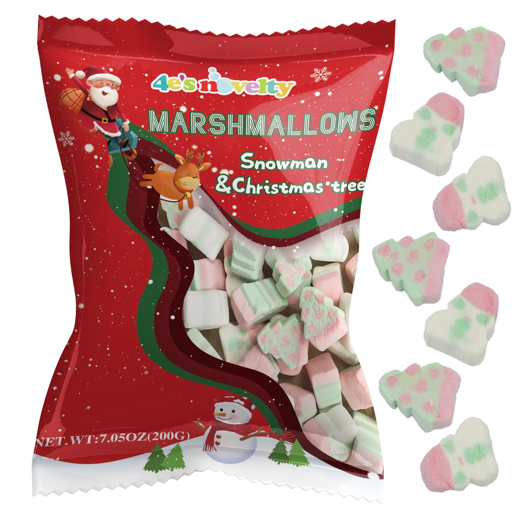 4E's Novelty Sweet Christmas Marshmallow Soft Candy Treats 65pcs (200gram) Bulk Snowman & Santas Shapes, Christmas Candy Stocking Stuffers Snacks