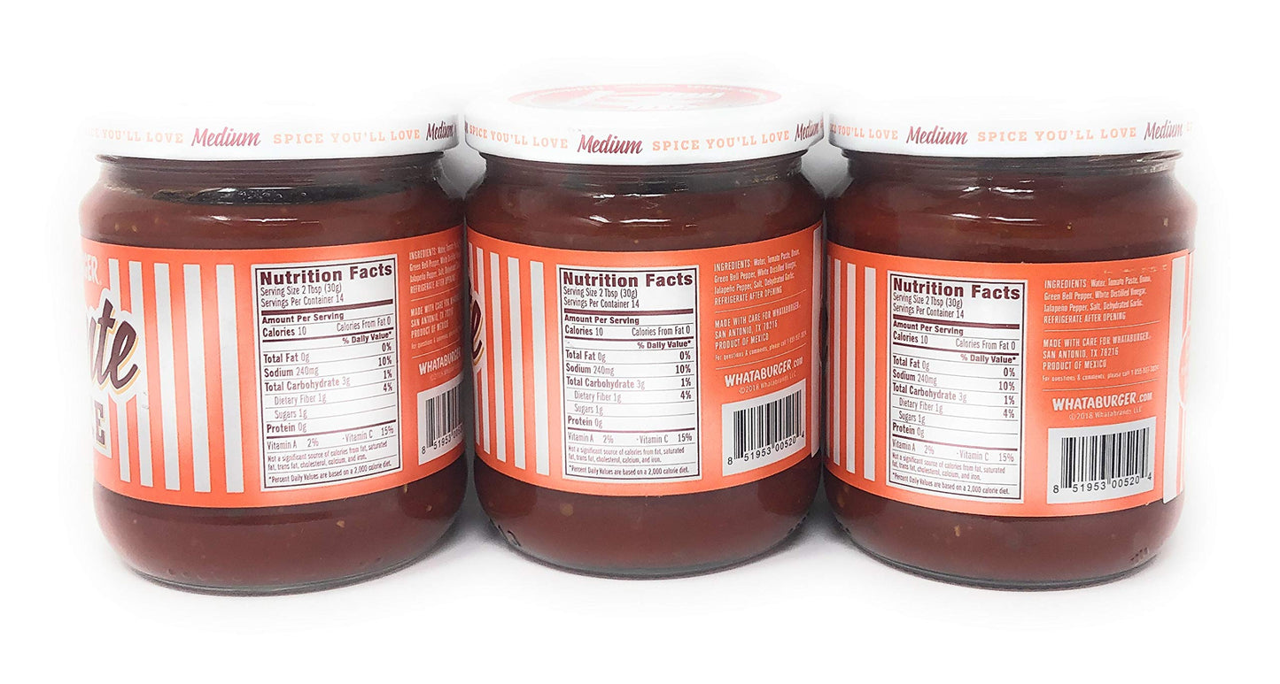 Whataburger Salsa Picante Sauce 16oz Glass Jar (Pack of 3) (Picante Sauce - Medium)