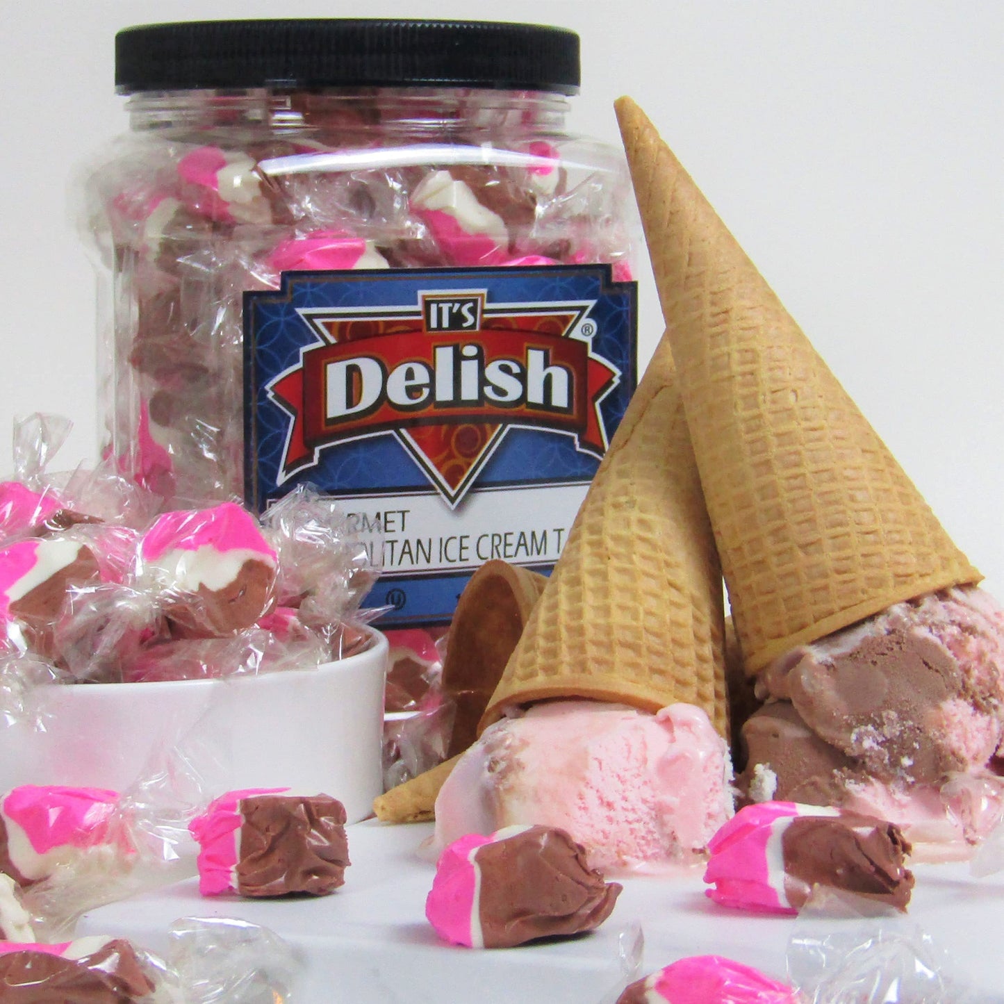 Neapolitan Ice Cream Taffy Chews by It's Delish, 18 Oz Jumbo Container - Individually Wrapped Gourmet Soft Fluff Taffy - Great Candy for Pink Ice