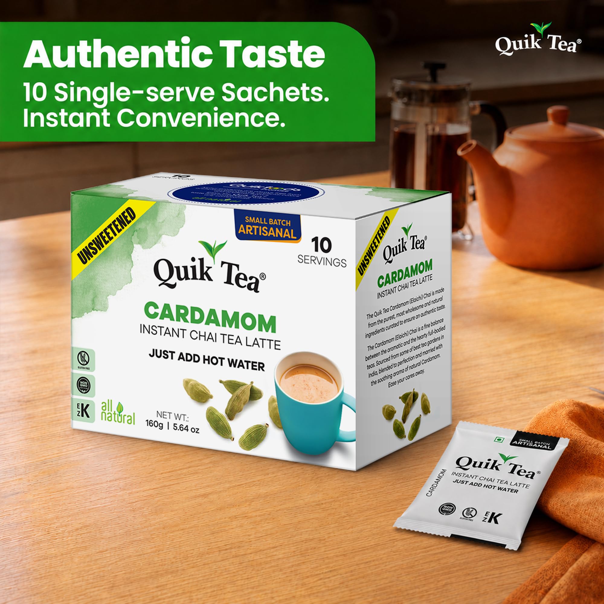 QuikTea Instant Cardamom Chai Tea Latte Unsweetened, 10 Single-Serve Sachets, Artisanal Indian Chai Latte Mix, Just Add Hot Water, Low Caffeine