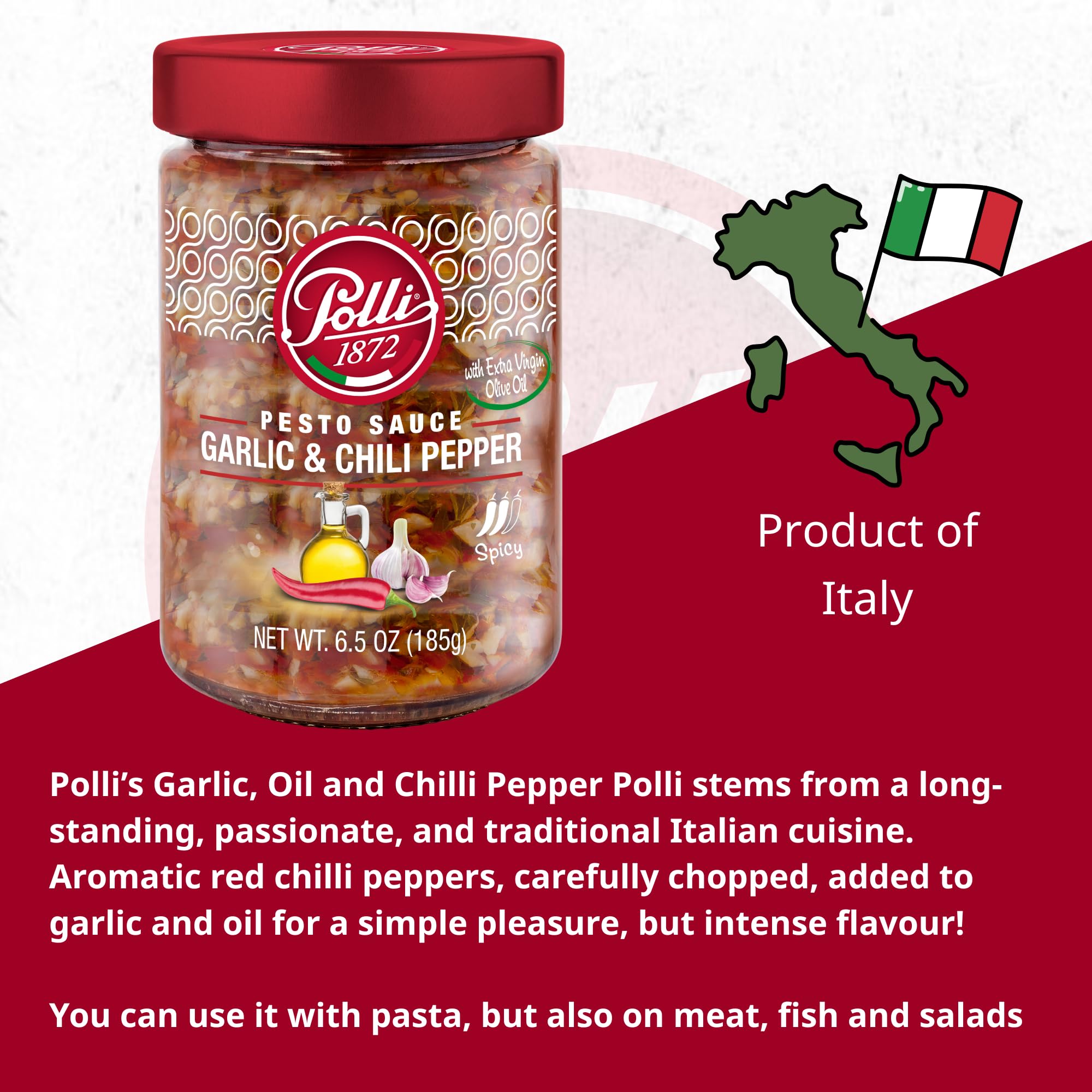 Polli Pesto Sauce Garlic & Chili Pepper With Extra Virgin Olive Oil | Pasta Risotto and Bruschetta Sauce | Spicy, Made In Italy - 2 Pack (6.5 oz Each)