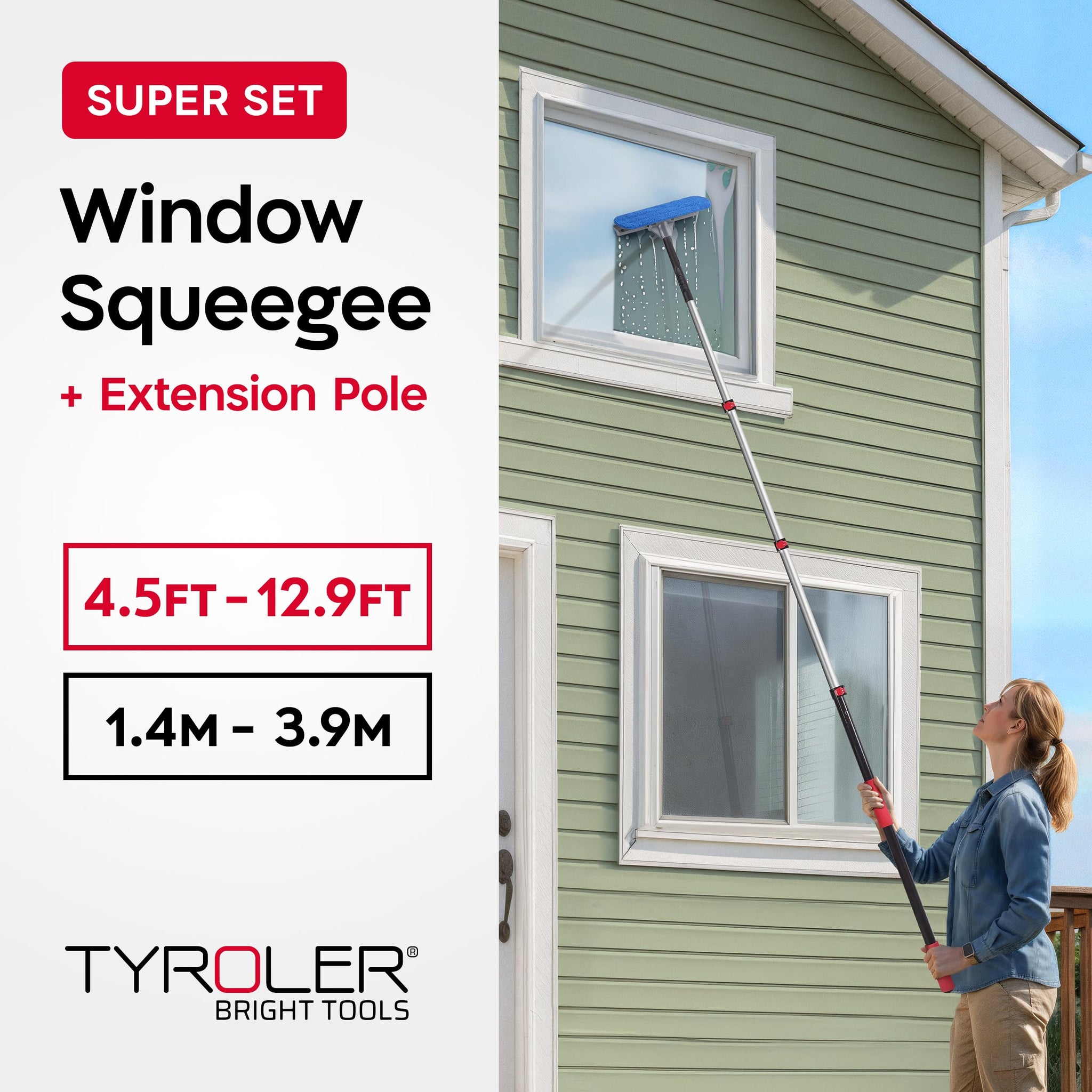 Tyroler Professional Window Squeegee with Extension Pole | 4.5-12.9ft Squeegee for Windows Cleaning | Outdoor Window Cleaner Tool, Windows Washing Kit