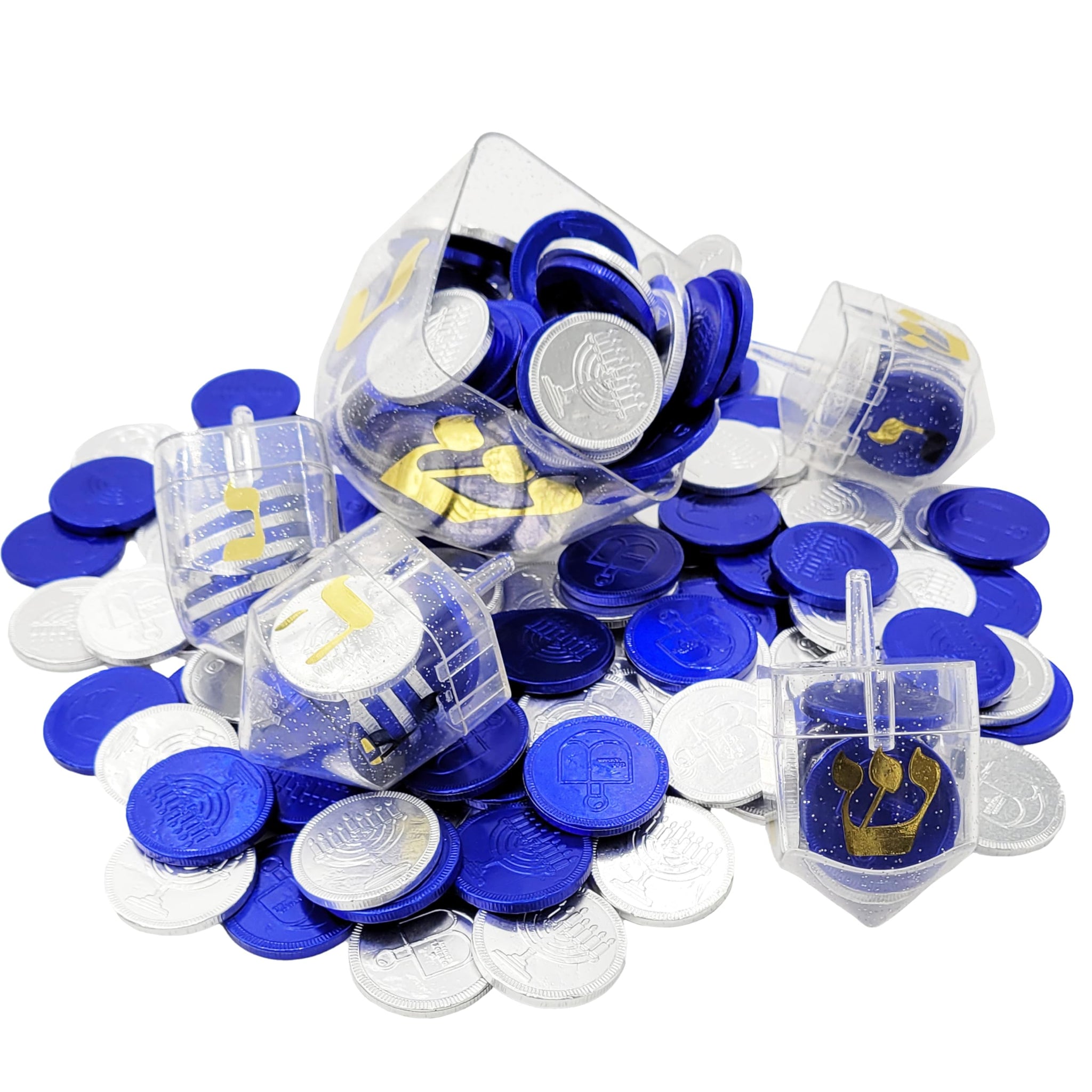 The Dreidel Company 2-Pack Dreidel Filled with Blue and Silver Hanukkah Gelt Coins, 10 Hanukkah Gelt Per Dreidel Total 20 Blue and Silver Coins