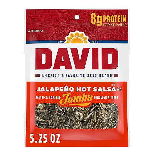 DAVID SEEDS Roasted and Salted Jalapeño Hot Salsa Jumbo Sunflower Seeds, Keto Friendly, 5.25 oz, 12 Pack