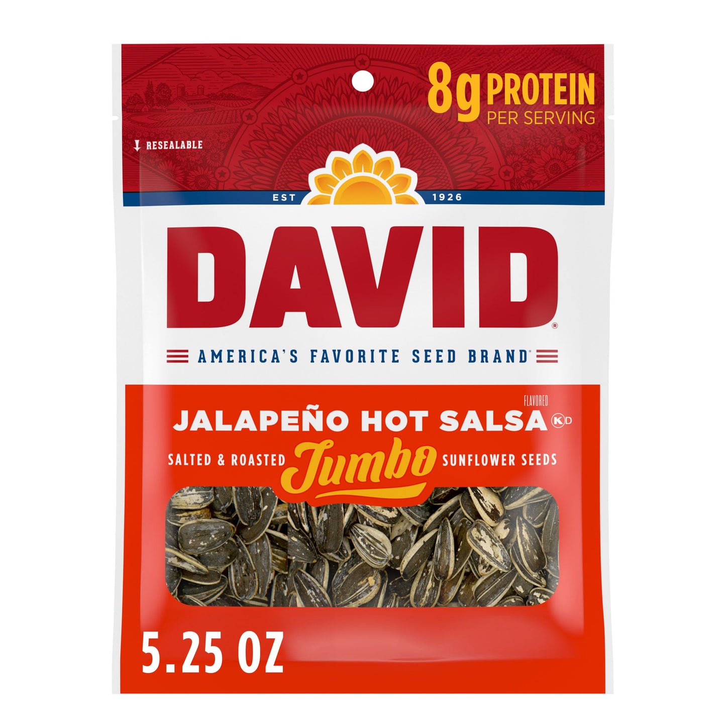 DAVID SEEDS Roasted and Salted Jalapeño Hot Salsa Jumbo Sunflower Seeds, Keto Friendly, 5.25 oz, 12 Pack
