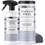 Therapy Stainless Steel Cleaner and and Polish Wipes Bundle with Microfiber Cloth - Remove Fingerprints from Appliances, Sinks, Fridge, Grill