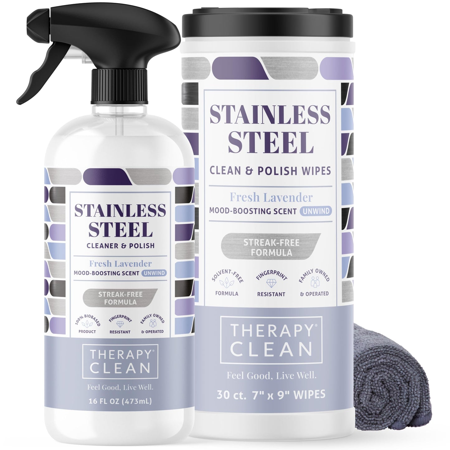 Therapy Stainless Steel Cleaner and and Polish Wipes Bundle with Microfiber Cloth - Remove Fingerprints from Appliances, Sinks, Fridge, Grill