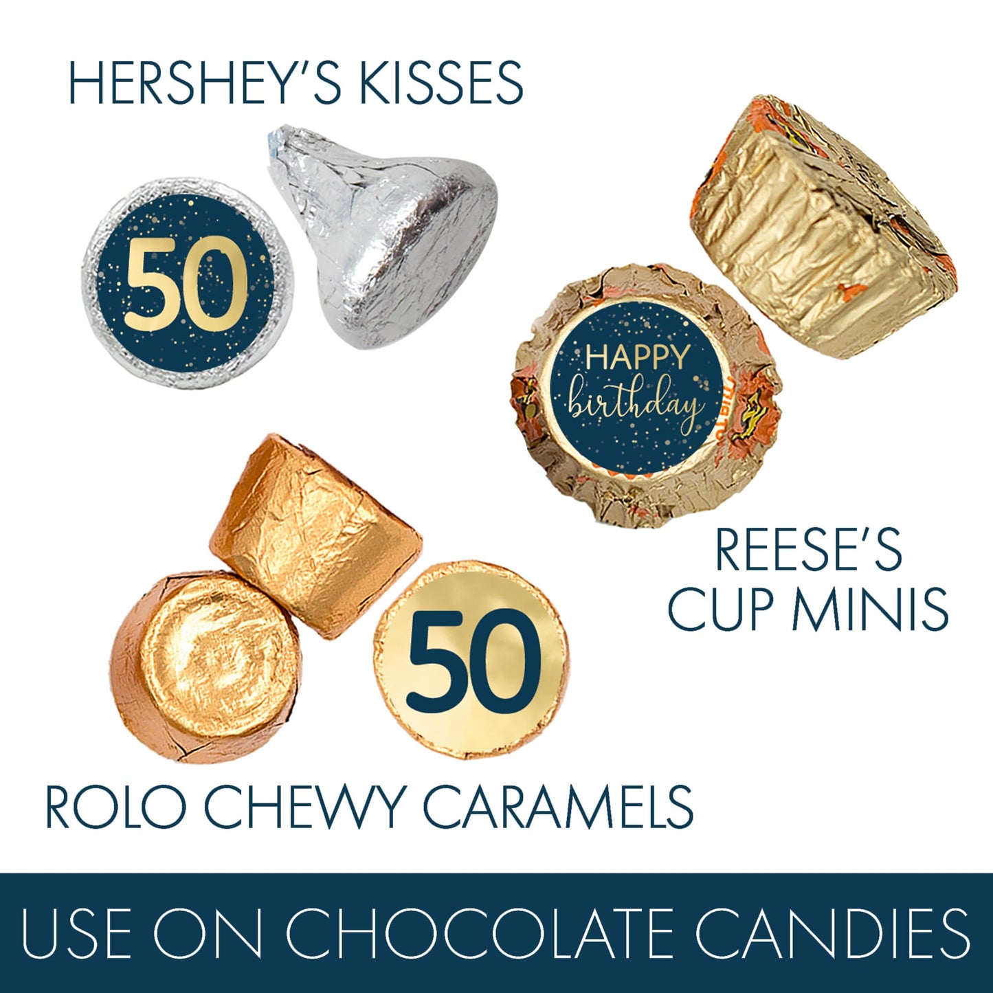 DISTINCTIVS Navy Blue and Gold Foil 50th Birthday Kiss Stickers - 180 Count - Real Gold Foil - 50th Birthday Party Favors for Men and Women