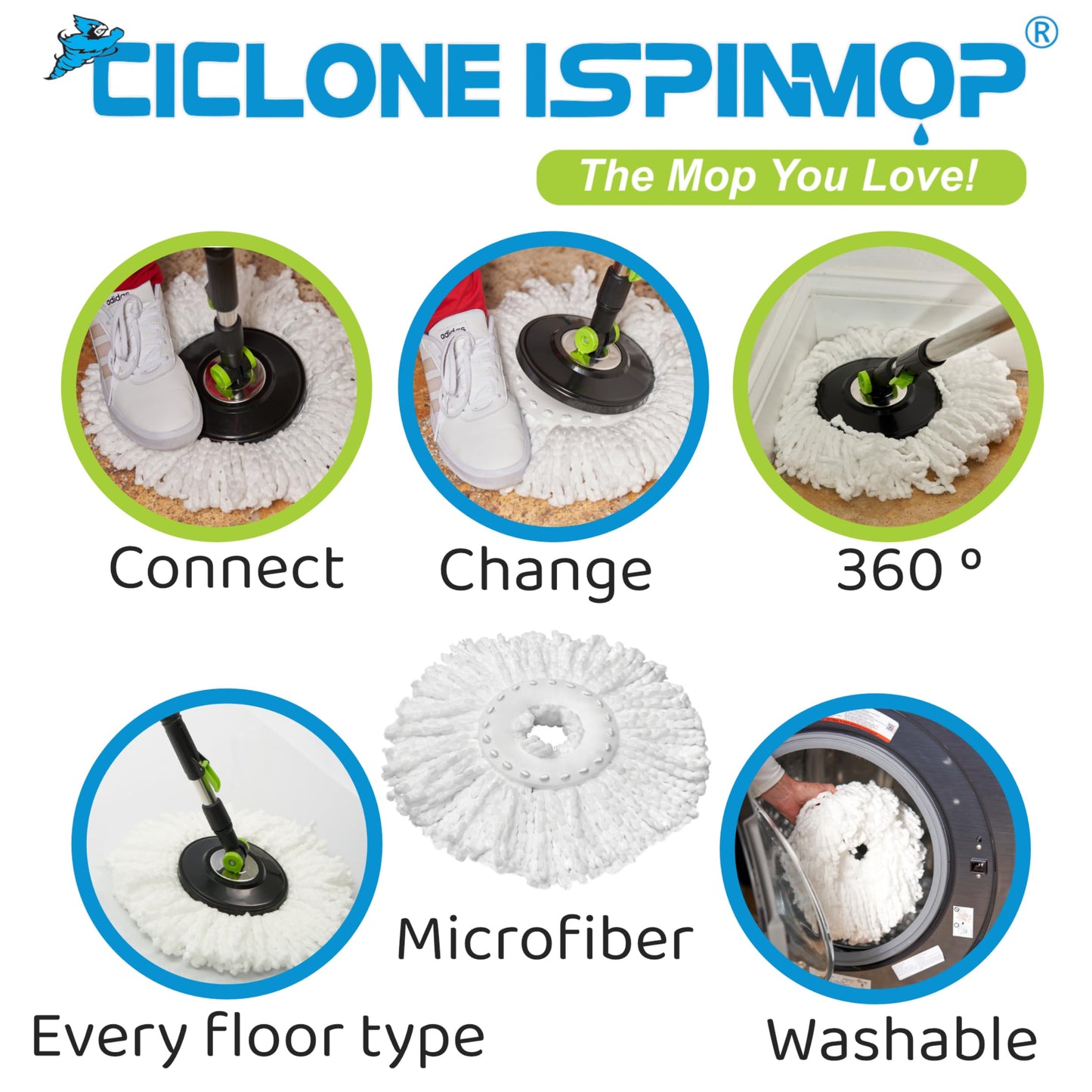 Ciclone Ispinmop 3-Pack Spin Mop Replacement Head - Spin Mop Refill Microfiber - Ciclone Ispinmop 360 Mop Head Refill - Spin Mop Head Replacement