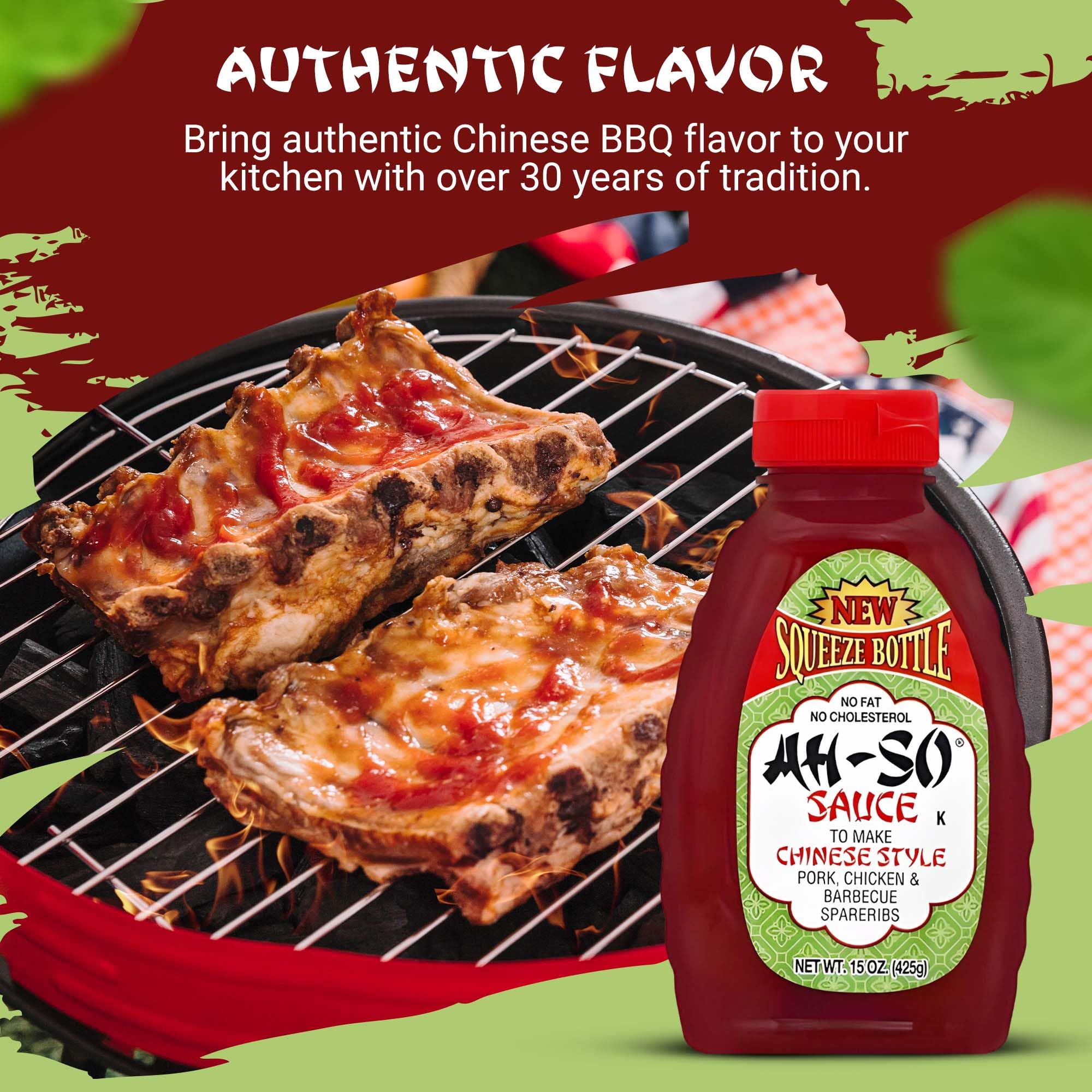 Ah-So Chinese-Style BBQ Sauce, Red Rib 15 oz Squeeze Bottle - Sweet & Tangy Spare Rib Marinade and Glaze for Pork, Chicken & Wings; Classic Takeout