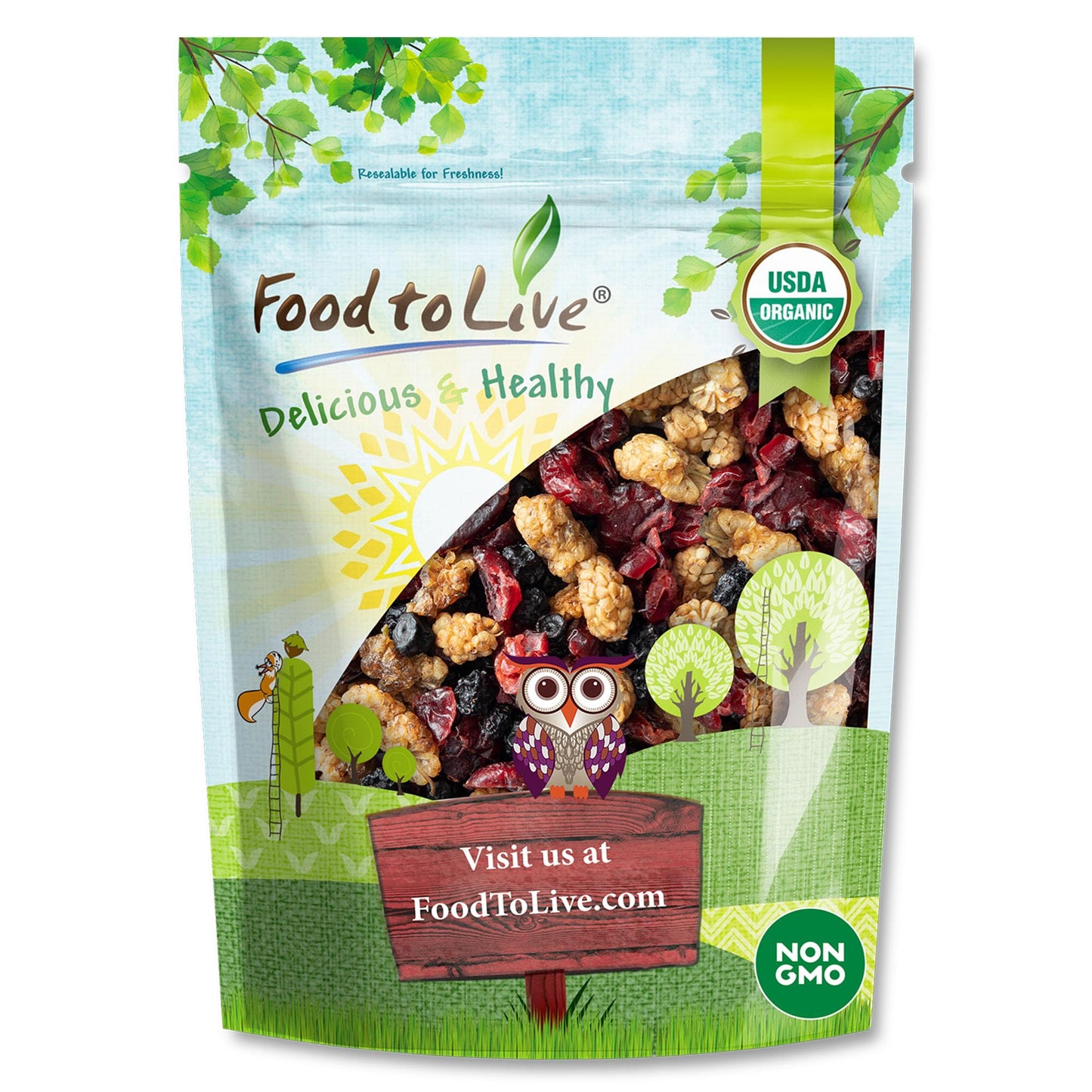 Food to Live Organic Delicious Berries Mix, 4 Pounds - A Blend of Non-GMO Dried Blueberries, Cranberries, and White Mulberries Gently Infused