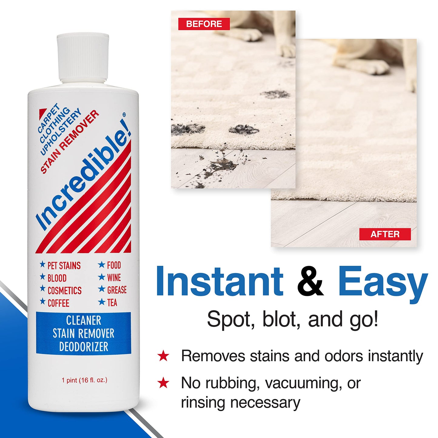 INCREDIBLE! Stain Remover For Clothes, Laundry, Carpets, Mattress & Upholstery, 16.oz (Pack of 3)