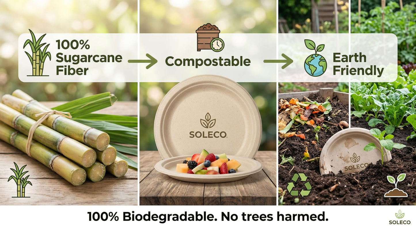 SOLECO Compostable Paper Plates 10 Inch [150 Pack], Disposable Biodegradable Heavy Duty Paper Plates,Heat Resistant Alternative to Plastic or