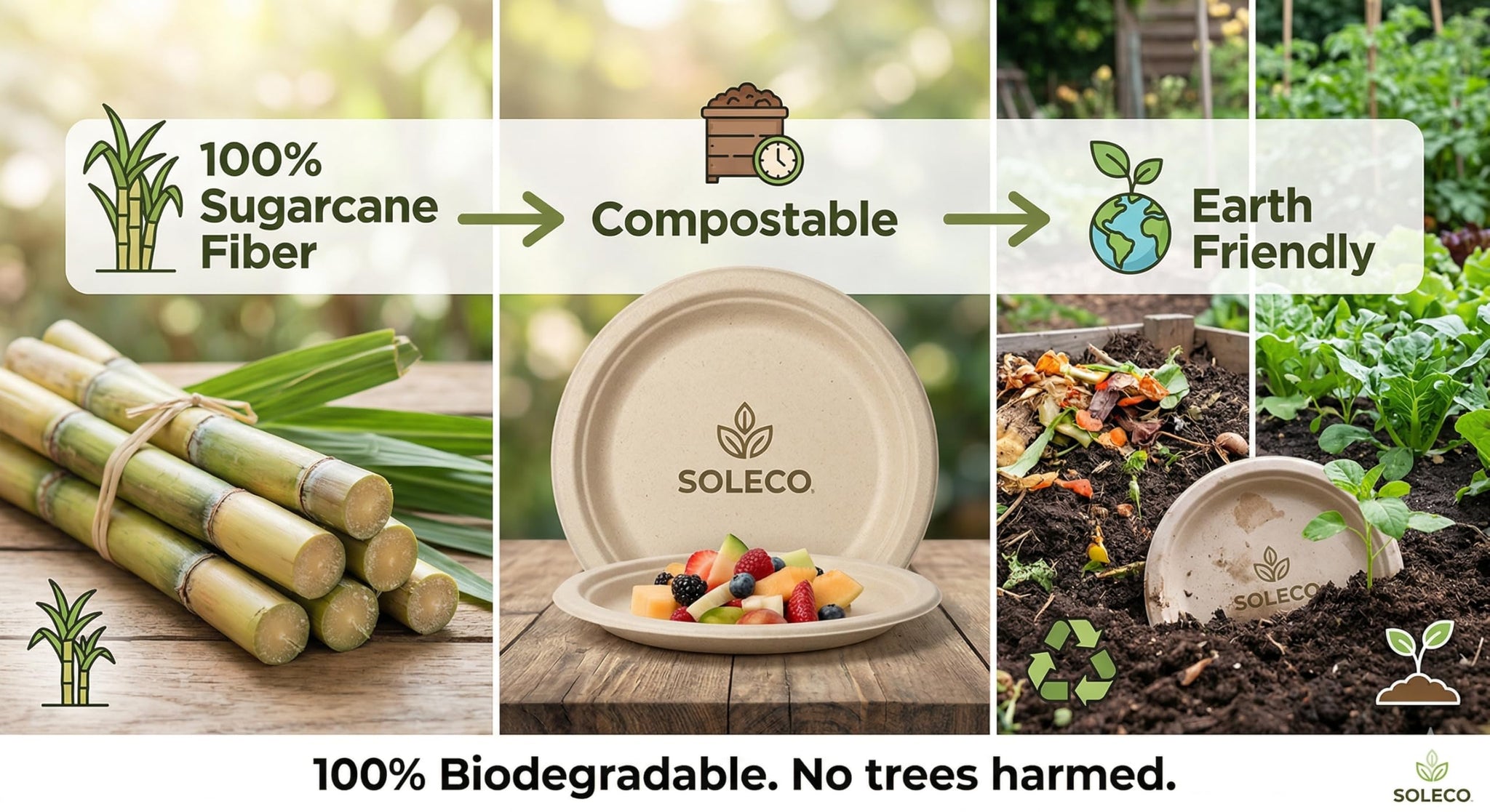 SOLECO Compostable Paper Plates 10 Inch [150 Pack], Disposable Biodegradable Heavy Duty Paper Plates,Heat Resistant Alternative to Plastic or