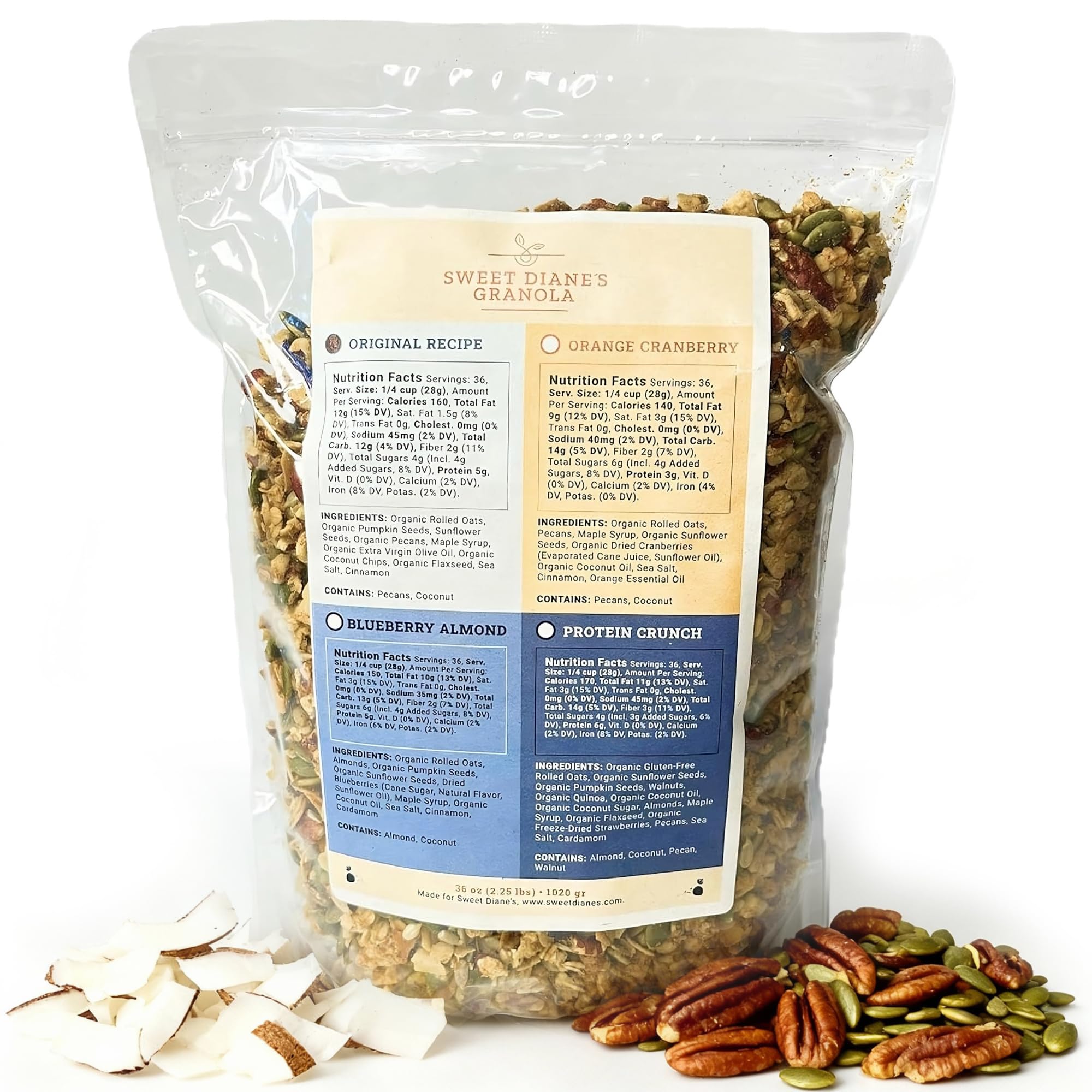 Sweet Diane’s Granola - Family Size (36 oz) Original Recipe Organic Granola, Low-Sugar, High-Fiber, Gluten-Free, Vegan, Delicious Breakfast and Snack
