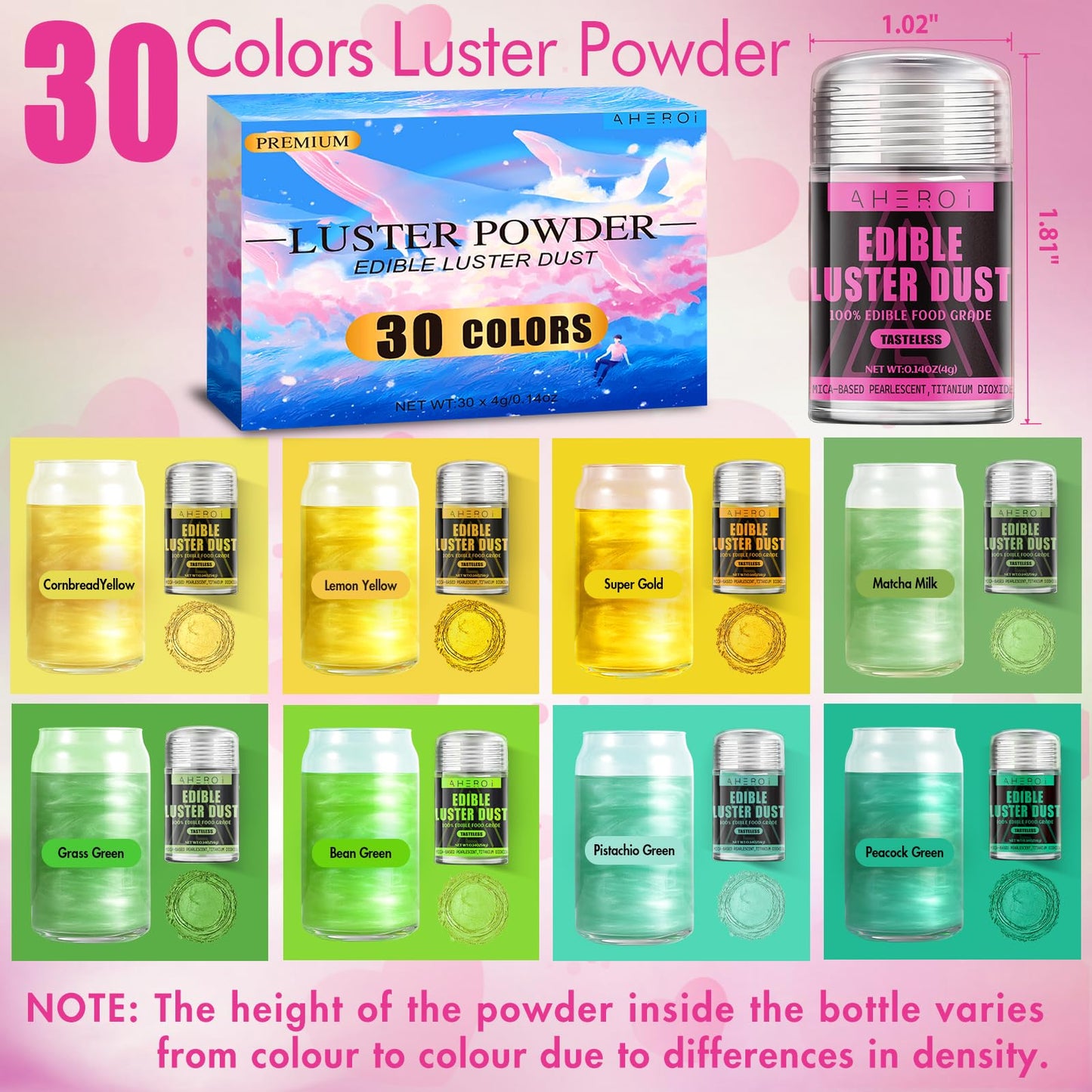 Aheroi Edible Glitter, 30 Colors Luster Dust Edible Glitter Pack for Drinks, Food Glitter Edible Shimmer Dust Powder, Edible Dust for Cocktail