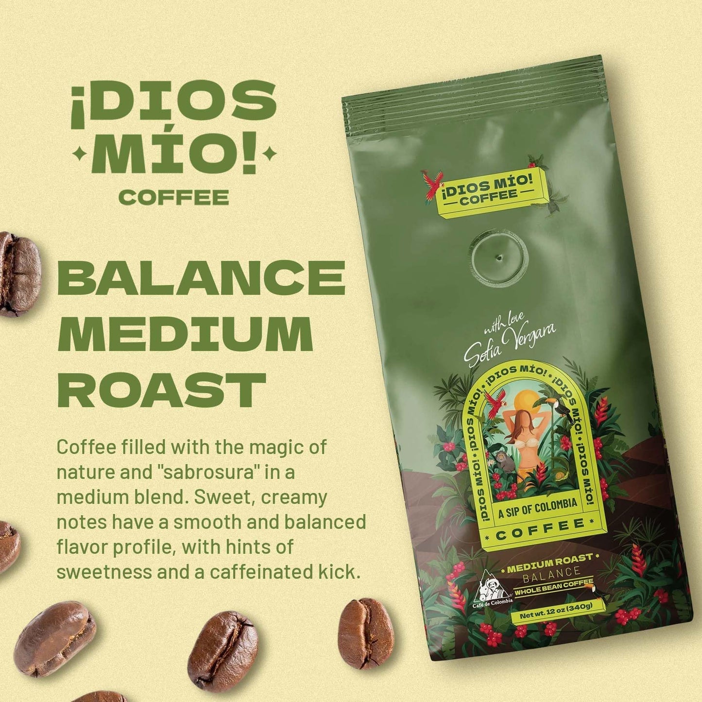 Dios Mio Coffee by Sofia Vergara, Medium Roast, Whole Bean Premium Colombian Coffee, 12 Ounce Bag (Pack of 3)