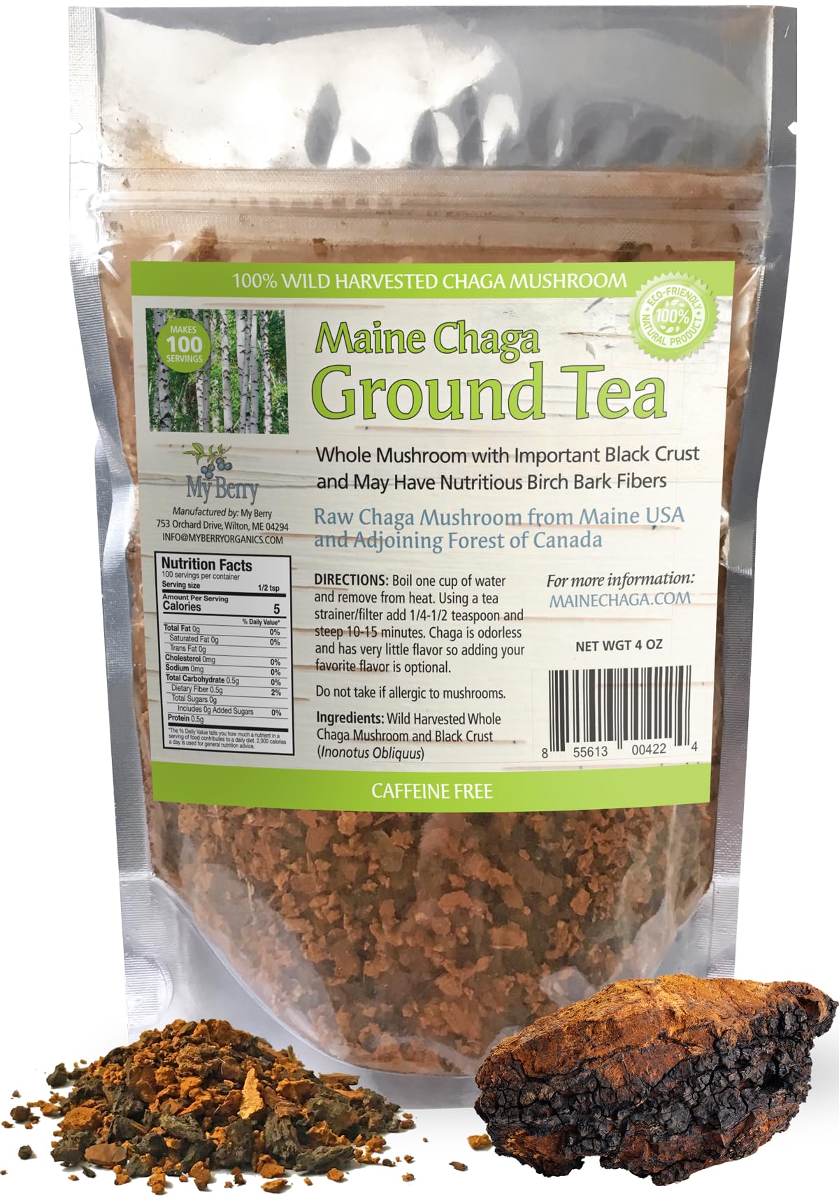 Chaga Ground Herbal Tea by My Berry | 100% Canadian Wild-Harvested | Additive-Free & Caffeine-Free | Coarse Ground Loose Tea | 4oz