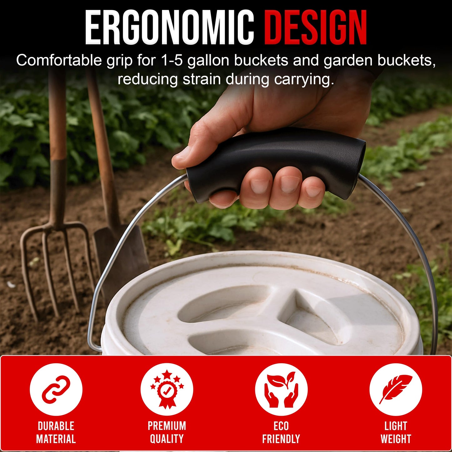 USA-Made Bucket Grip for 5 Gallon Buckets, Ergonomic, Durable Handle Grip for Heavy-Duty Buckets | Easy to Install, Comfortable for Gardening