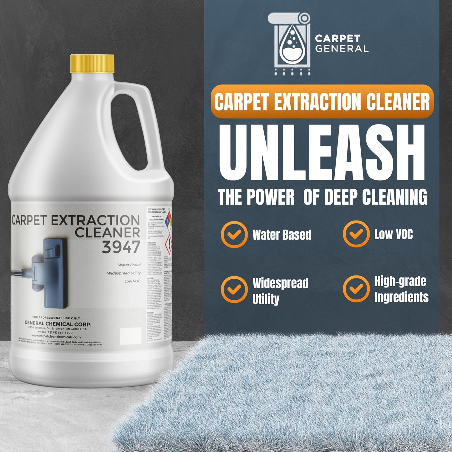 CarpetGeneral Carpet Extraction Cleaner - Water-Based Professional Deep Clean Carpet Cleaner Solution for Machine - Heavy Duty Stain Remover