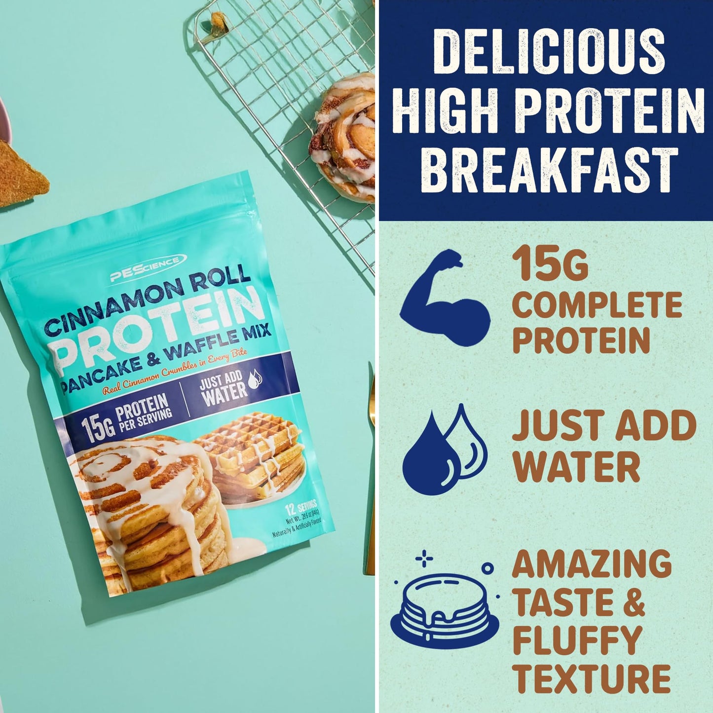 PEScience Protein Pancake Mix for Protein Waffles and Pancakes, Just Add Water, Whey and Casein Blend, Amazing Taste and Fluffy Texture - Cinnamon Roll, 12 Servings