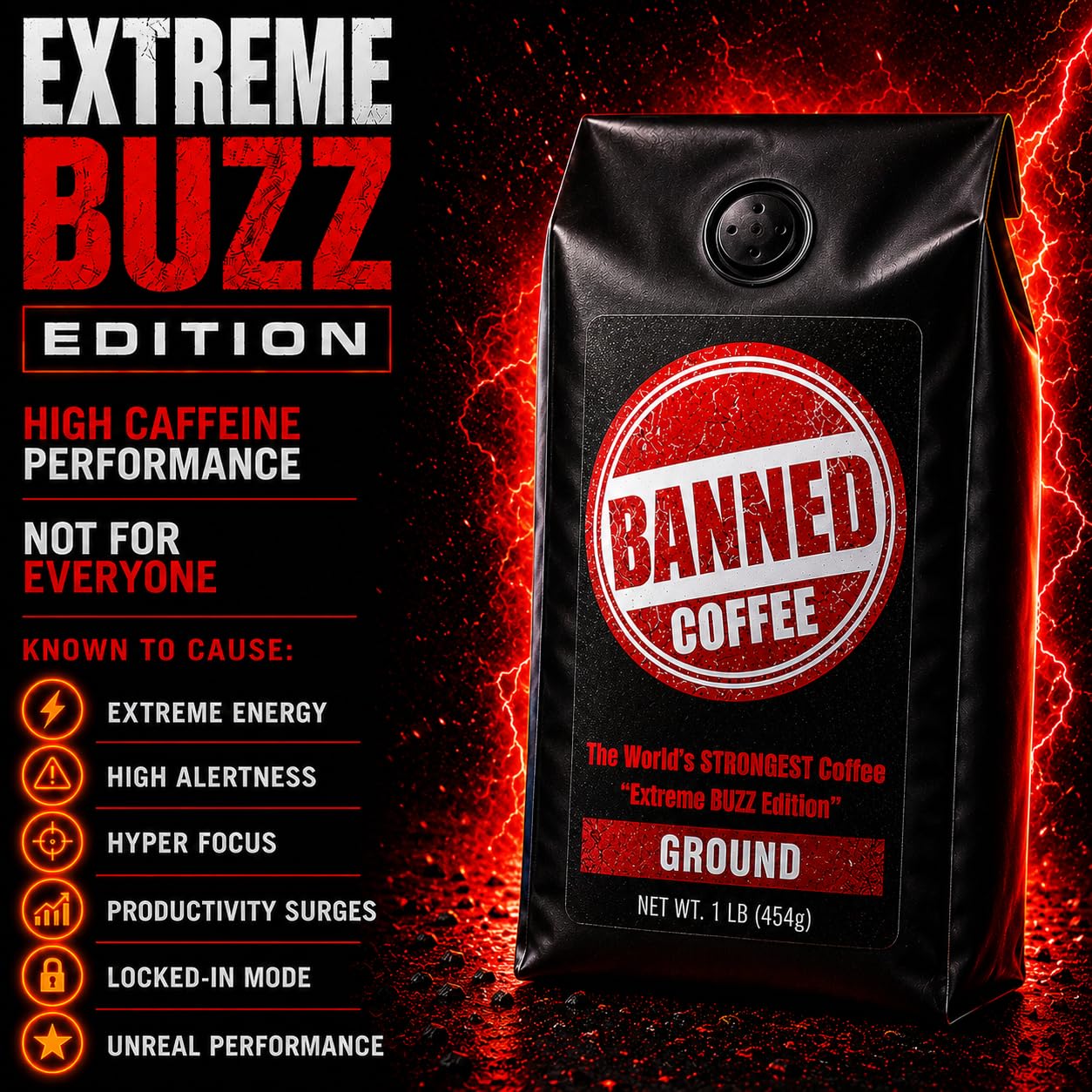 Banned Coffee™ Ground - World’s Strongest High Caffeine Coffee That Shouldn’t Be Allowed - Bold Medium-Dark Roast Arabica & Robusta Blend - Extreme