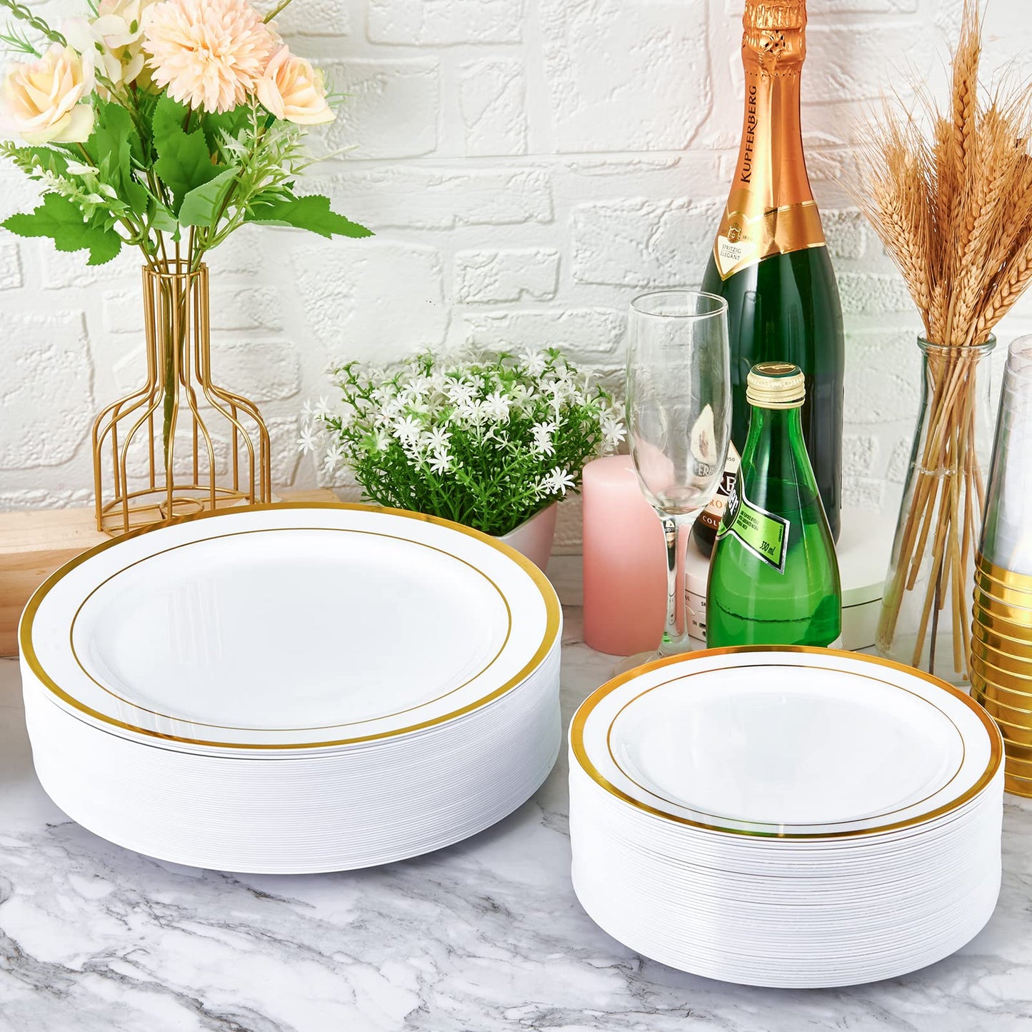 JollyPack 100 Piece Disposable Gold Plastic Party Plates, Including 50 10 Inch Dinner Plates and 50 7 Inch for Dessert, Great for Parties, Weddings