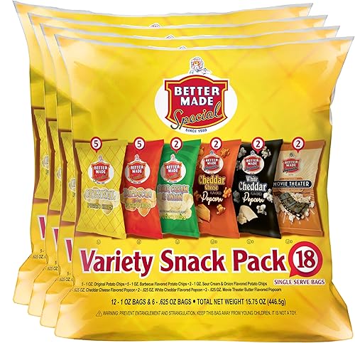 Better Made Special Snack Food Variety Packs Potato Chips & Popcorn 18ct (Pack of 4) 15.75 oz Each - Original, Sour Cream Onion, BBQ, Barbecue, White