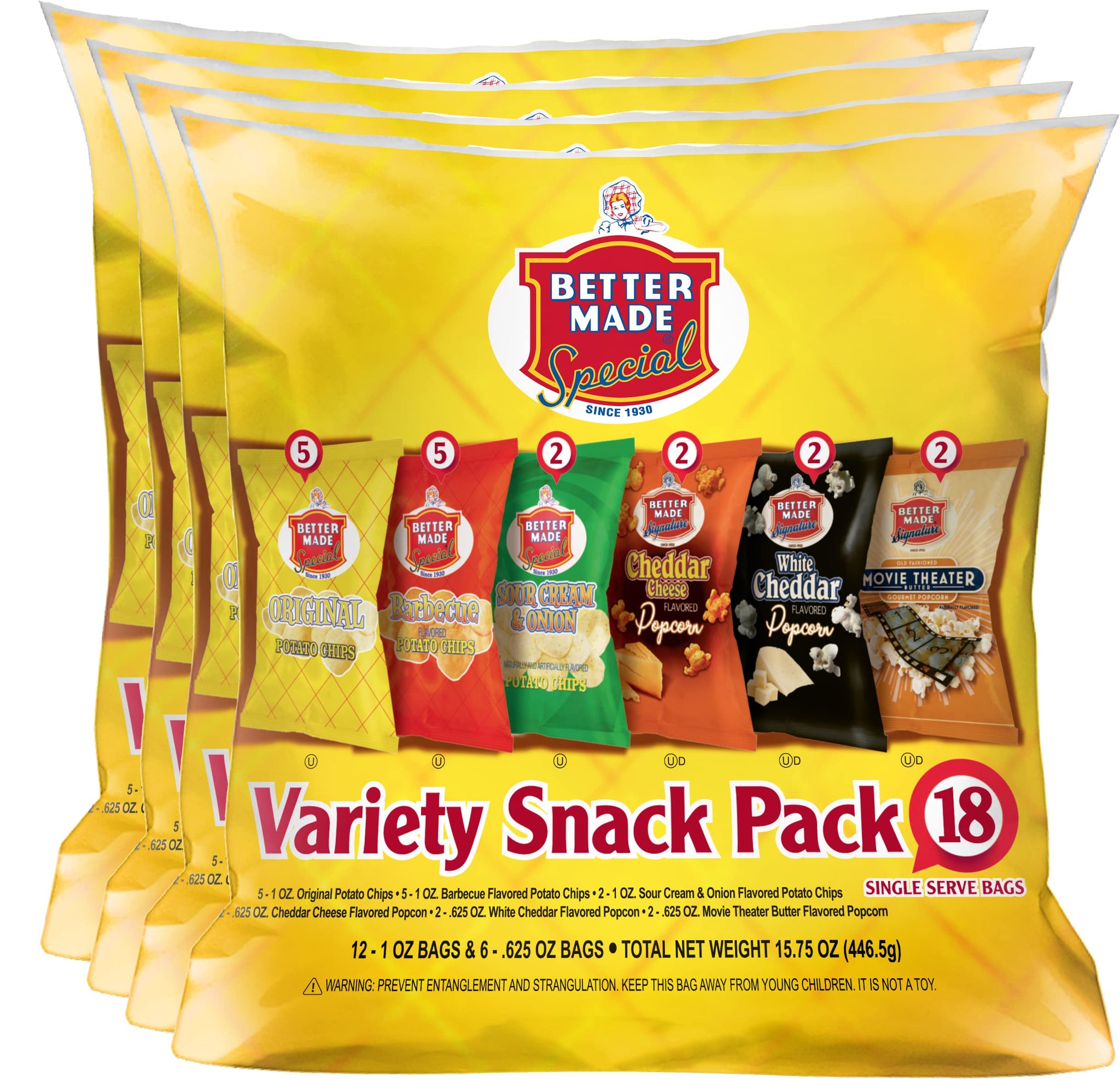 Better Made Special Snack Food Variety Packs Potato Chips & Popcorn 18ct (Pack of 4) 15.75 oz Each - Original, Sour Cream Onion, BBQ, Barbecue, White
