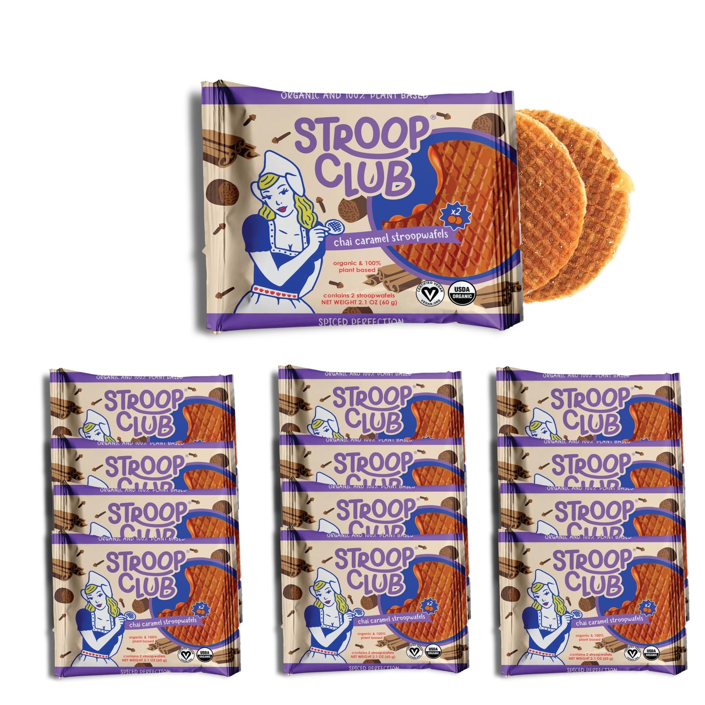 Stroop Club Chai Infused Organic Stroopwafel Caramel Treats | Vegan, Plant-Based and Dutch-Approved Indulgence - 24 Vegan Waffle Cookies (12 Pack