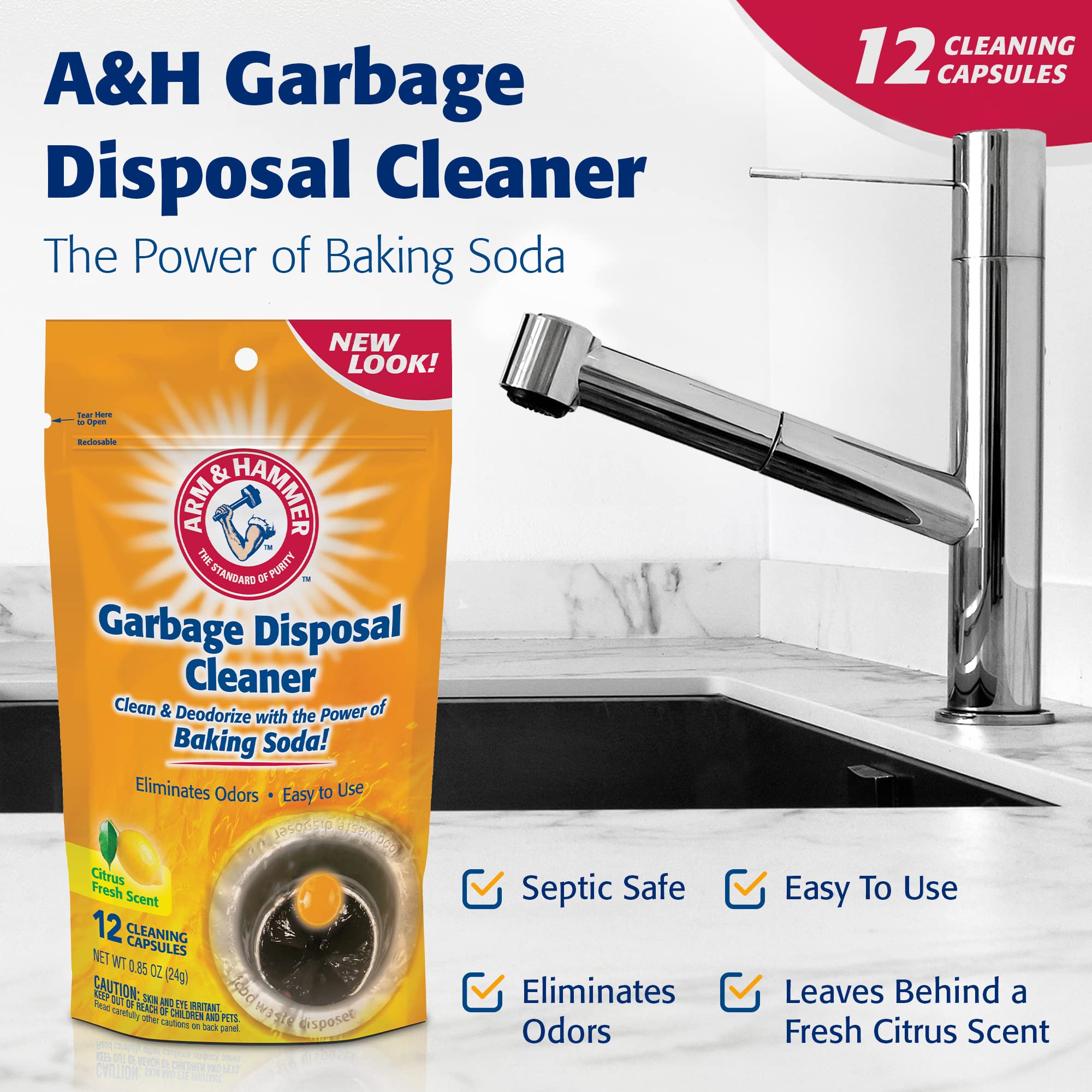 Arm & Hammer 12-Count Sink Garbage Disposal Cleaner, Freshener & Deodorizer Capsules Citrus Scent, with Power of Baking Soda