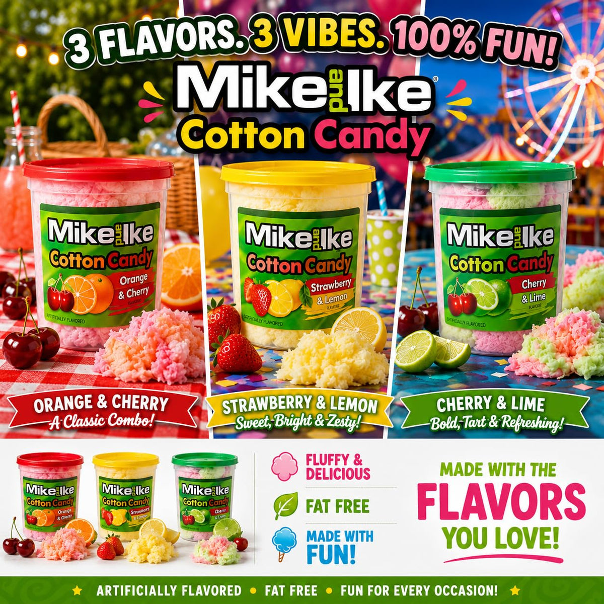 Mike and Ike Cotton Candy Tubs - 2 oz Fruity Spun Sugar Fluffy Candy - Individually Wrapped Novelty Treats for Birthdays, Carnivals, Summer Parties