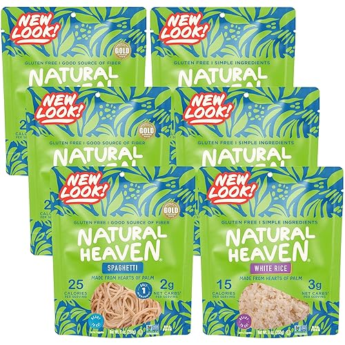 Natural Heaven Hearts of Palm Spaghetti 3-Pack + White Rice 3-Pack - Low-Calorie, Keto & Gluten-Free Food, Vegan, 9 Oz Ea