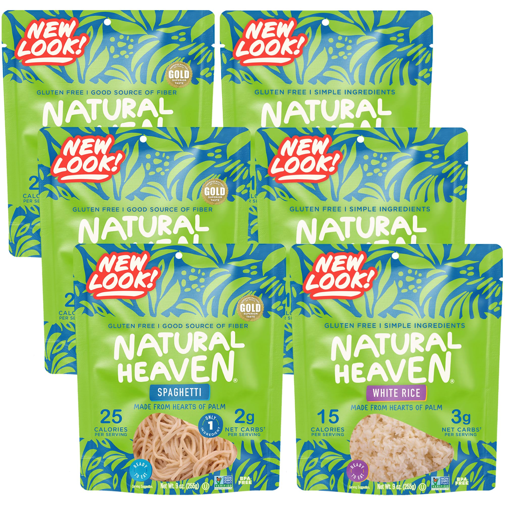 Natural Heaven Hearts of Palm Spaghetti 3-Pack + White Rice 3-Pack - Low-Calorie, Keto & Gluten-Free Food, Vegan, 9 Oz Ea